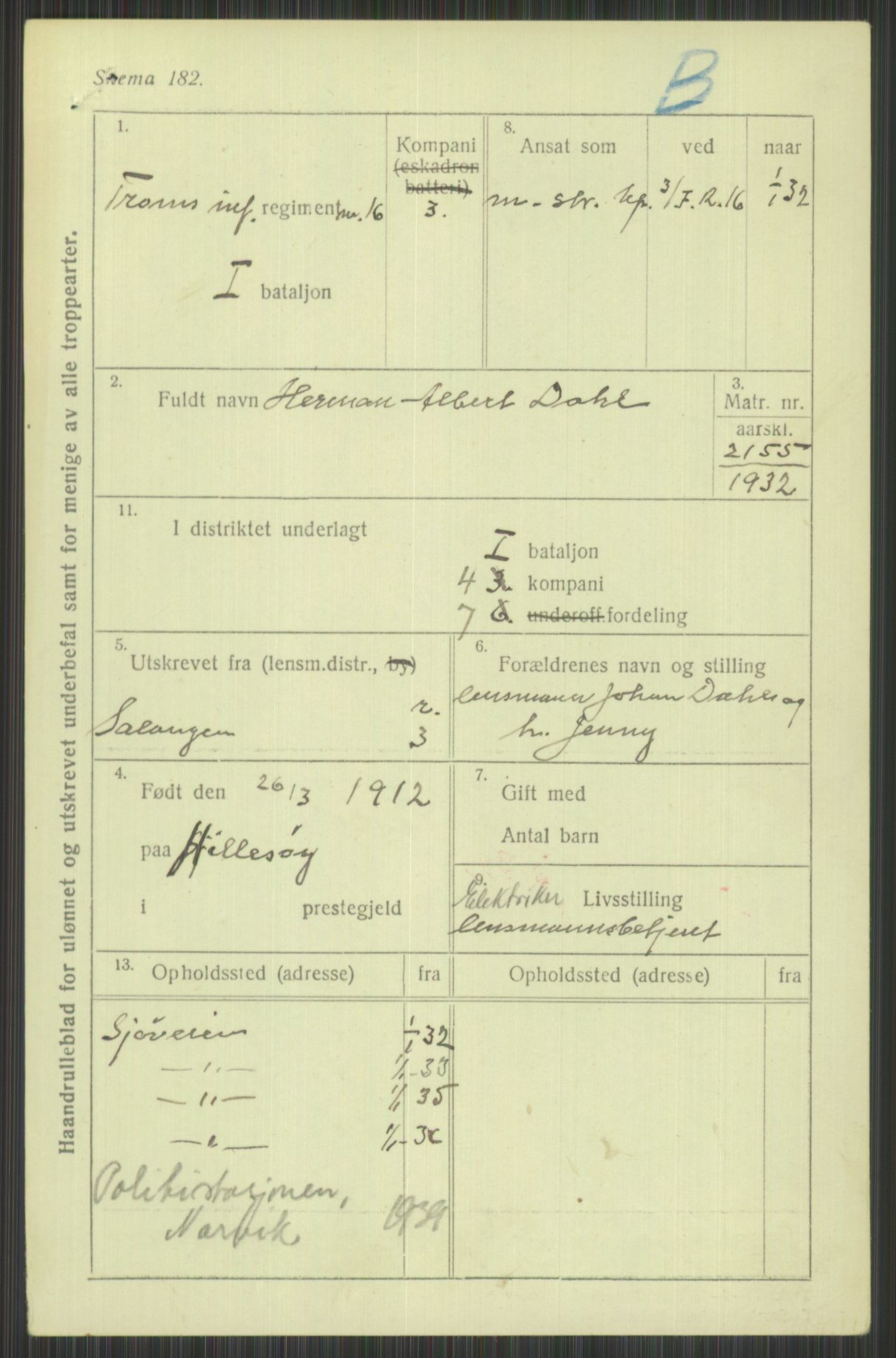 Forsvaret, Troms infanteriregiment nr. 16, AV/RA-RAFA-3146/P/Pa/L0016: Rulleblad for regimentets menige mannskaper, årsklasse 1932, 1932, s. 189