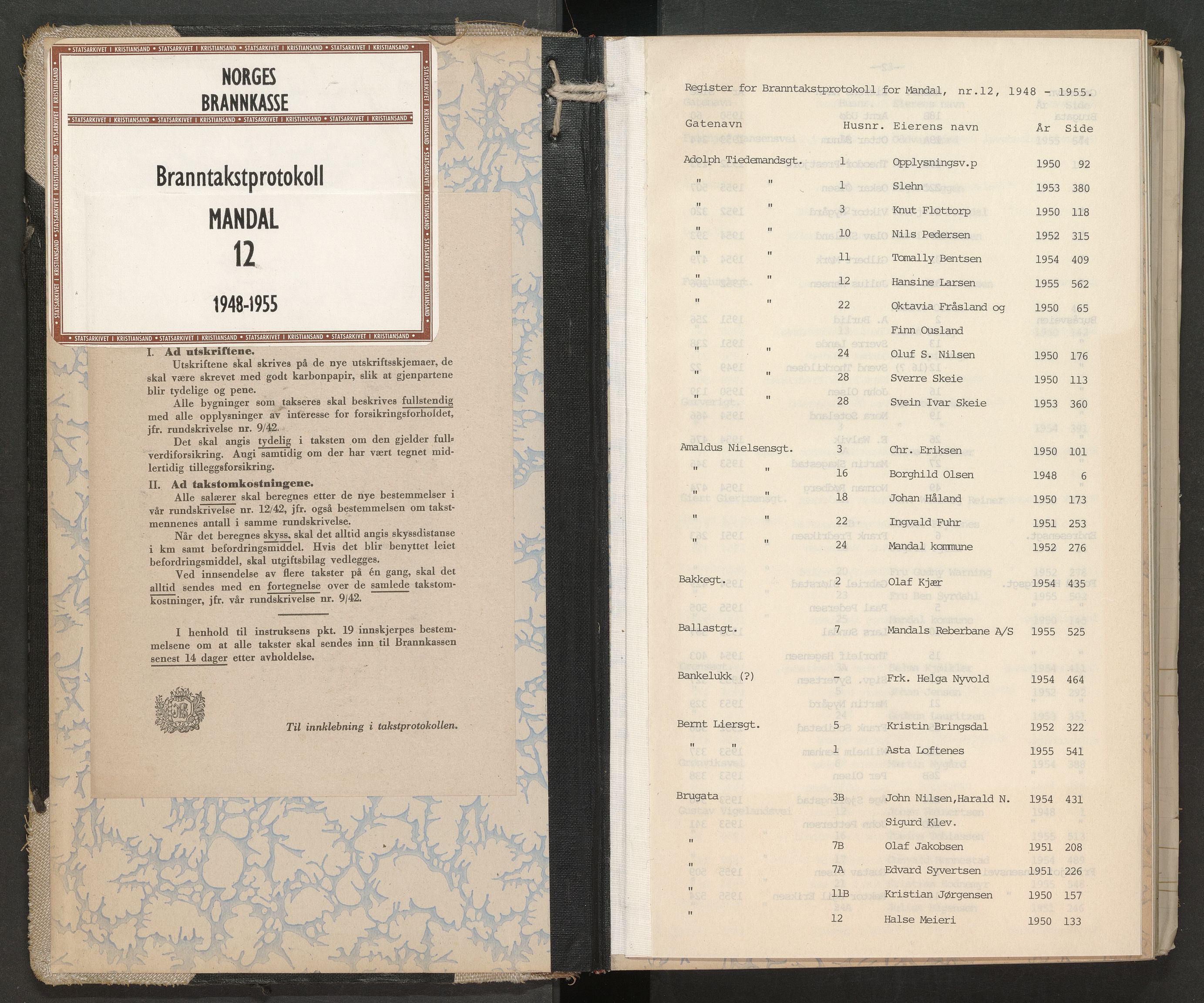 Norges Brannkasse Mandal, AV/SAK-2241-0037/F/Fa/L0012: Branntakstprotokoll nr. 12 med gatenavnsregister, 1948-1955