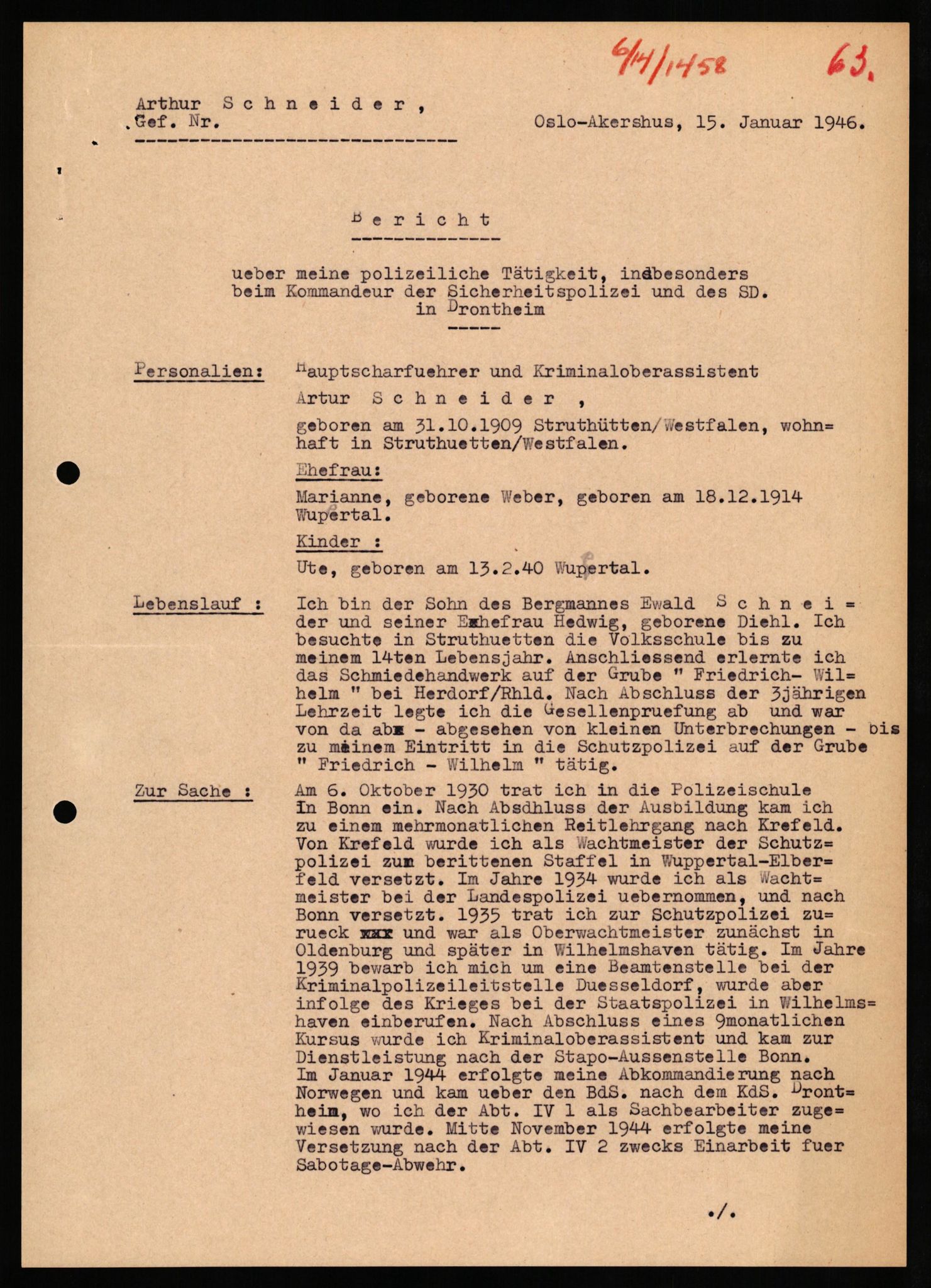 Forsvaret, Forsvarets overkommando II, AV/RA-RAFA-3915/D/Db/L0030: CI Questionaires. Tyske okkupasjonsstyrker i Norge. Tyskere., 1945-1946, s. 18