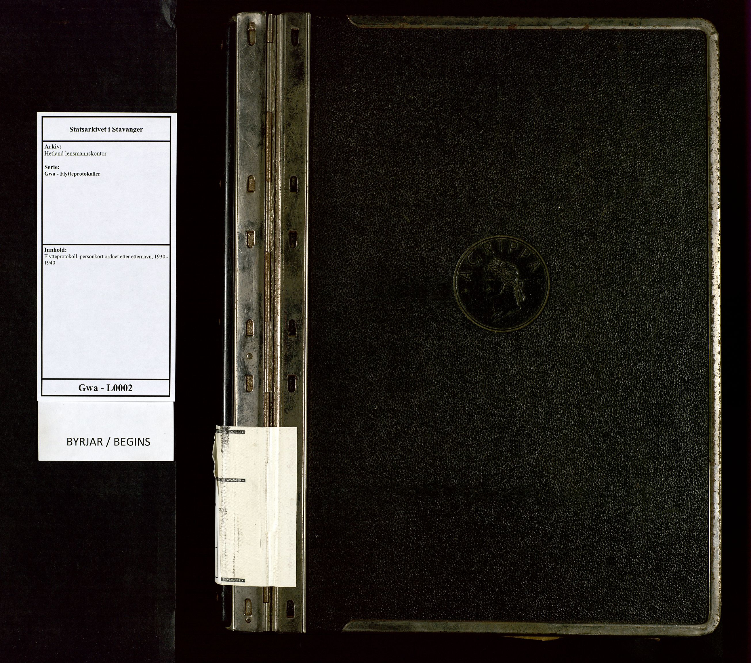Hetland lensmannskontor, SAST/A-100101/Gwa/L0002: Flytteprotokoll, personkort ordnet etter etternavn, 1930-1940, s. 1