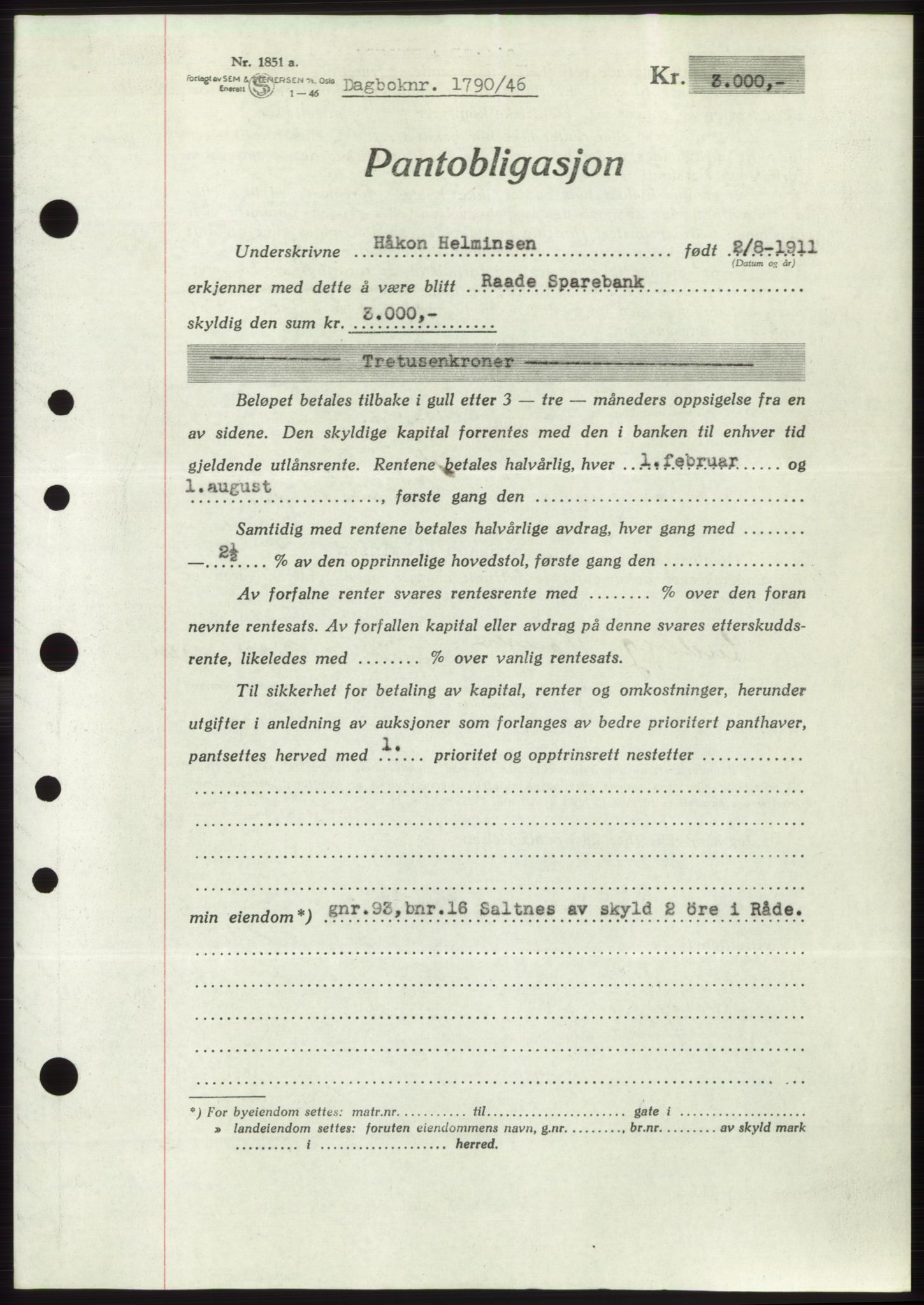 Moss sorenskriveri, SAO/A-10168: Pantebok nr. B15, 1946-1946, Dagboknr: 1790/1946