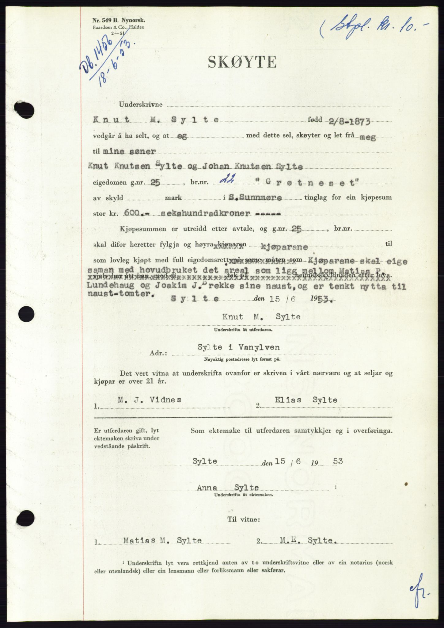 Søre Sunnmøre sorenskriveri, AV/SAT-A-4122/1/2/2C/L0095: Pantebok nr. 21A, 1953-1953, Dagboknr: 1456/1953