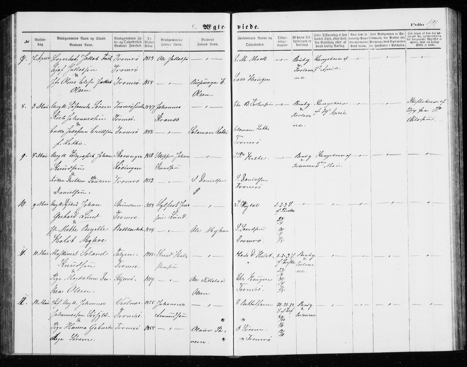 Tromsø sokneprestkontor/stiftsprosti/domprosti, AV/SATØ-S-1343/G/Gb/L0008klokker: Klokkerbok nr. 8, 1875-1879, s. 191