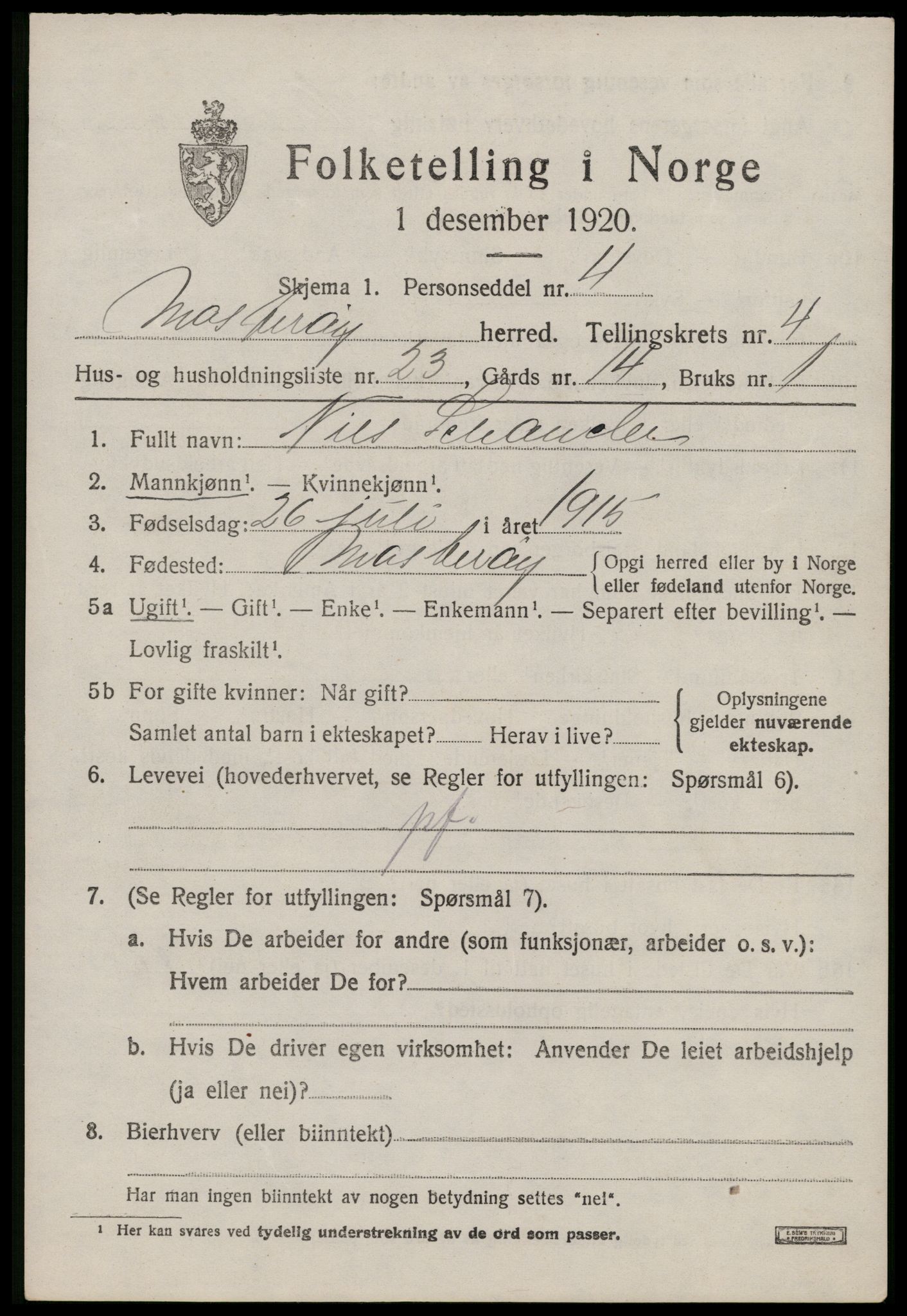 SAST, Folketelling 1920 for 1143 Mosterøy herred, 1920, s. 1908