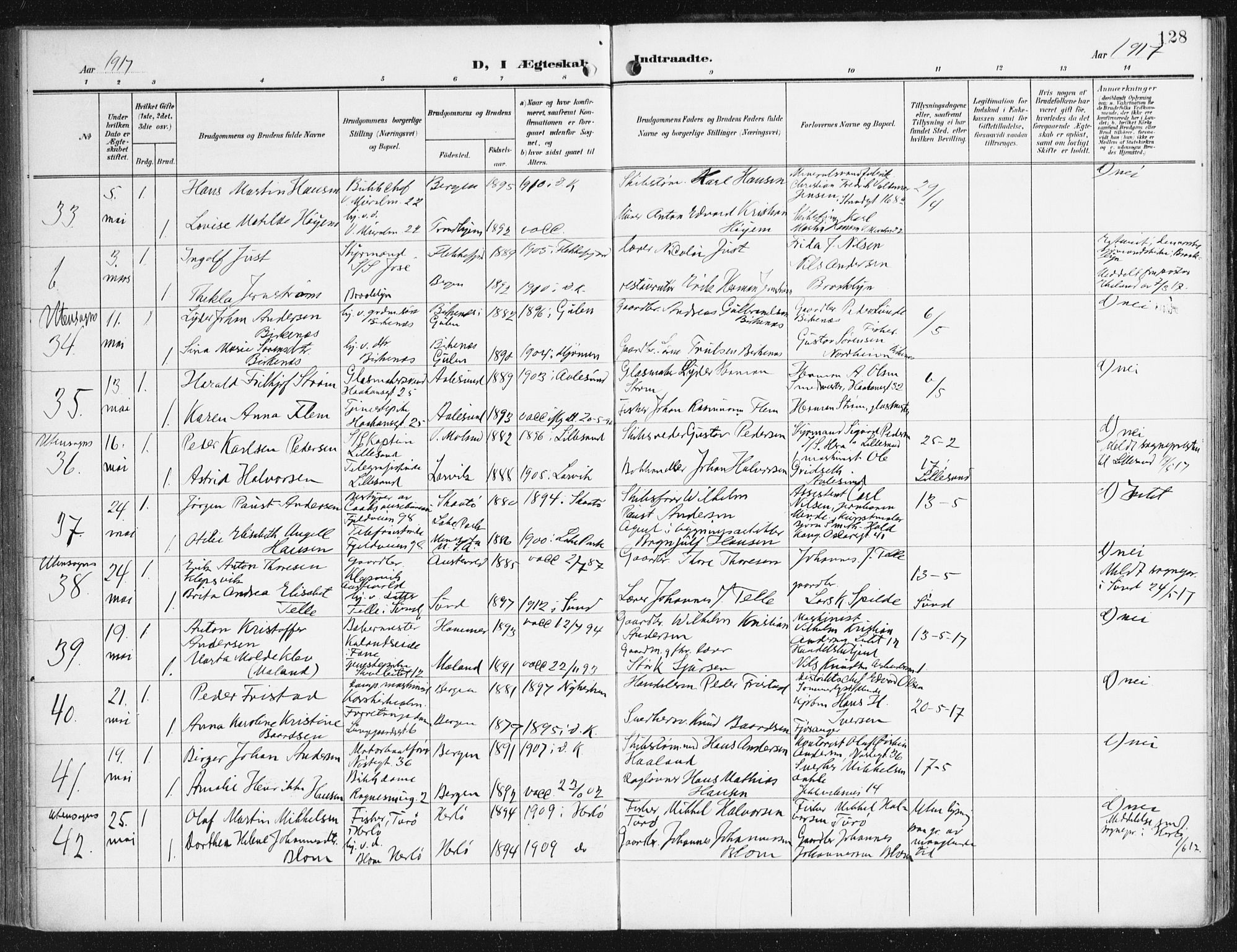Domkirken sokneprestembete, AV/SAB-A-74801/H/Haa/L0038: Ministerialbok nr. D 5, 1906-1921, s. 128