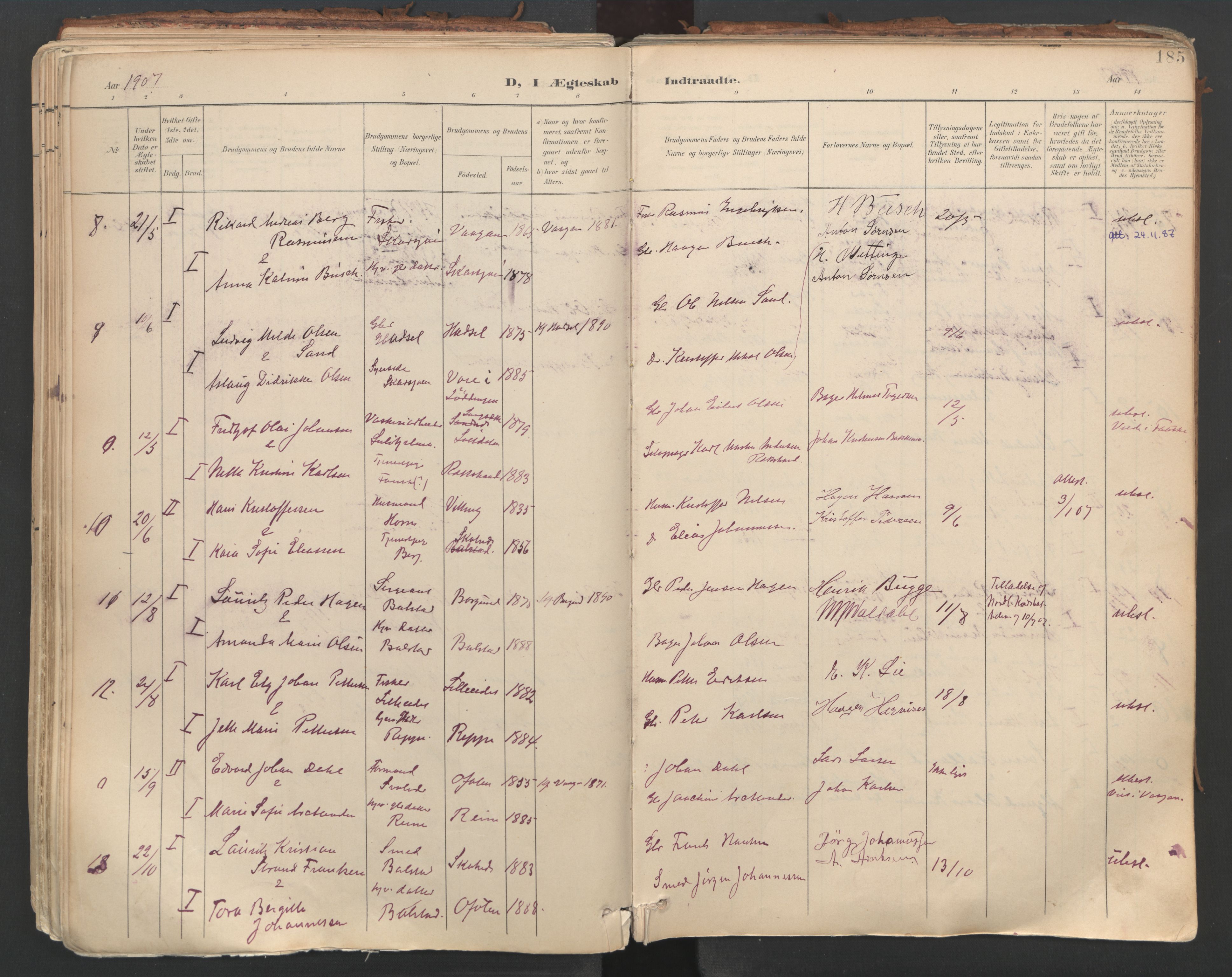 Ministerialprotokoller, klokkerbøker og fødselsregistre - Nordland, AV/SAT-A-1459/881/L1154: Ministerialbok nr. 881A07, 1907-1918, s. 185