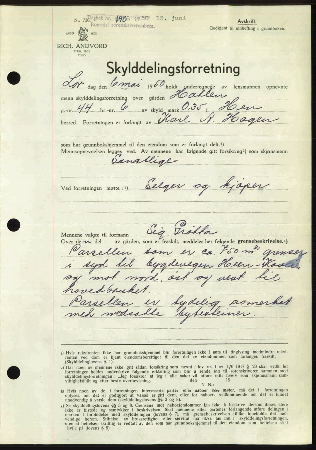 Romsdal sorenskriveri, SAT/A-4149/1/2/2C: Pantebok nr. A33, 1950-1950, Dagboknr: 1908/1950