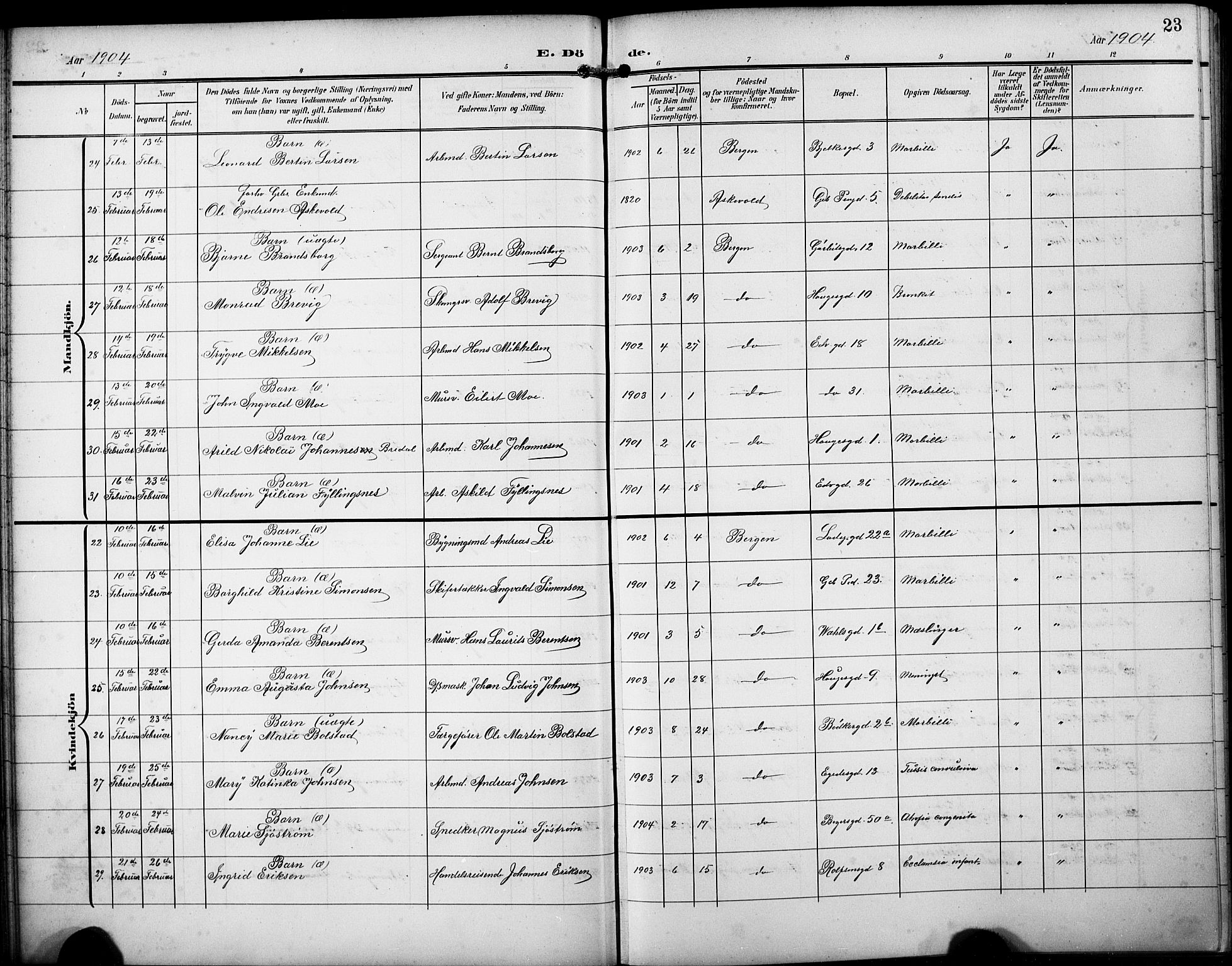 Sandviken Sokneprestembete, AV/SAB-A-77601/H/Hb/L0017: Klokkerbok nr. E 1, 1903-1926, s. 23
