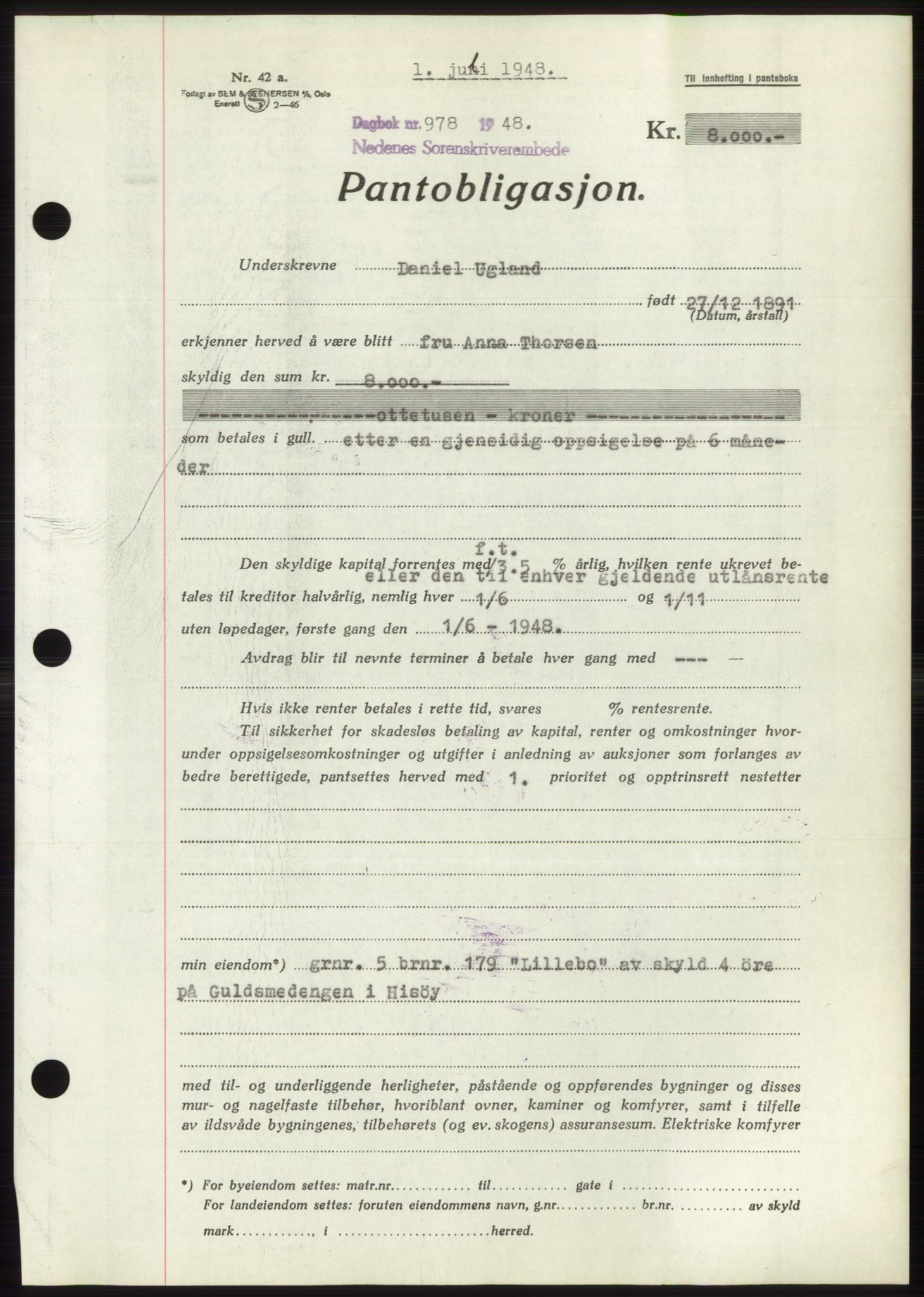 Nedenes sorenskriveri, AV/SAK-1221-0006/G/Gb/Gbb/L0005: Pantebok nr. B5, 1948-1948, Dagboknr: 978/1948