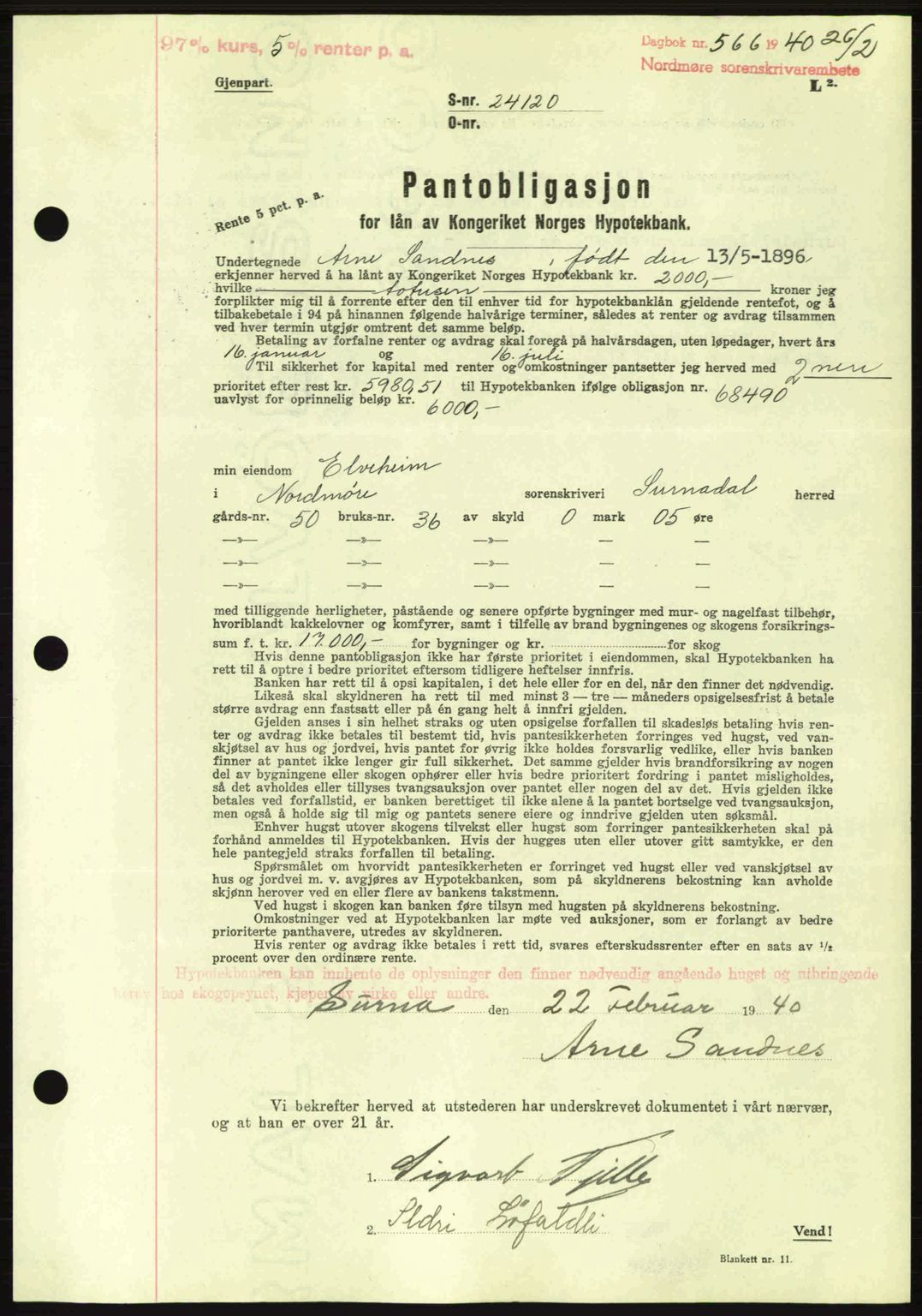 Nordmøre sorenskriveri, AV/SAT-A-4132/1/2/2Ca: Pantebok nr. B86, 1939-1940, Dagboknr: 566/1940