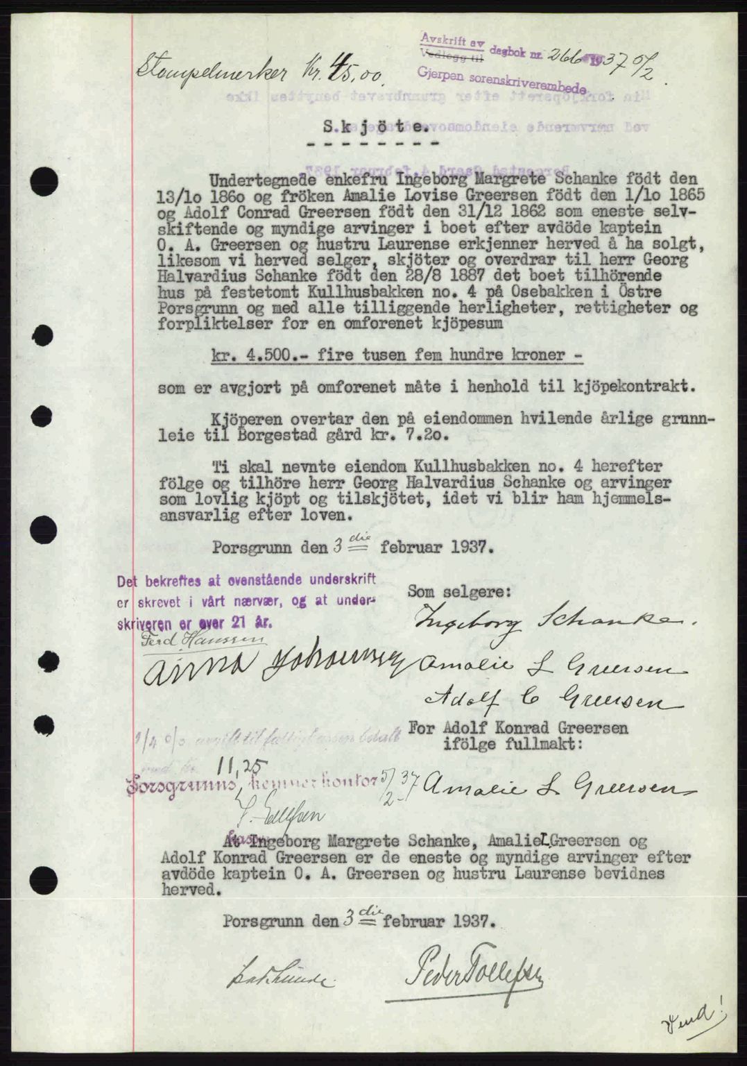 Gjerpen sorenskriveri, SAKO/A-216/G/Ga/Gae/L0067: Pantebok nr. A-66 - A-68, 1936-1937, Dagboknr: 266/1937
