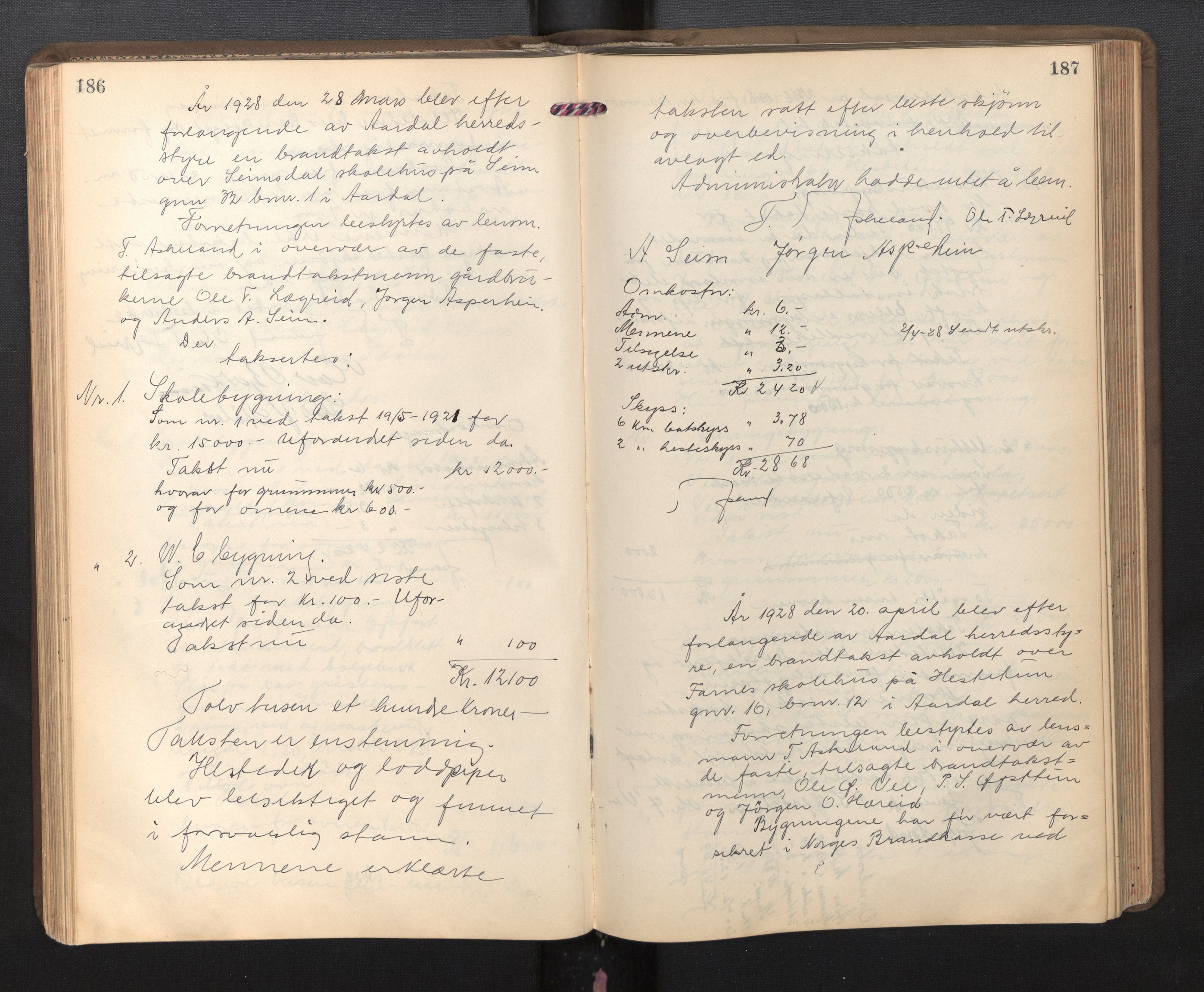 Lensmannen i Årdal, AV/SAB-A-30501/0012/L0003: Branntakstprotokoll, 1921-1944, s. 186-187