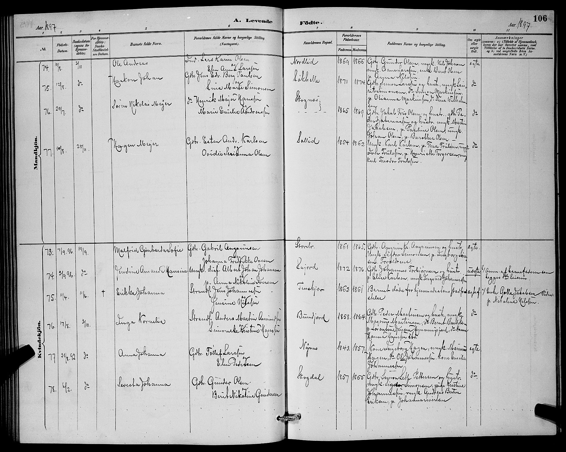 Lenvik sokneprestembete, SATØ/S-1310/H/Ha/Hab/L0007klokker: Klokkerbok nr. 7, 1890-1898, s. 106