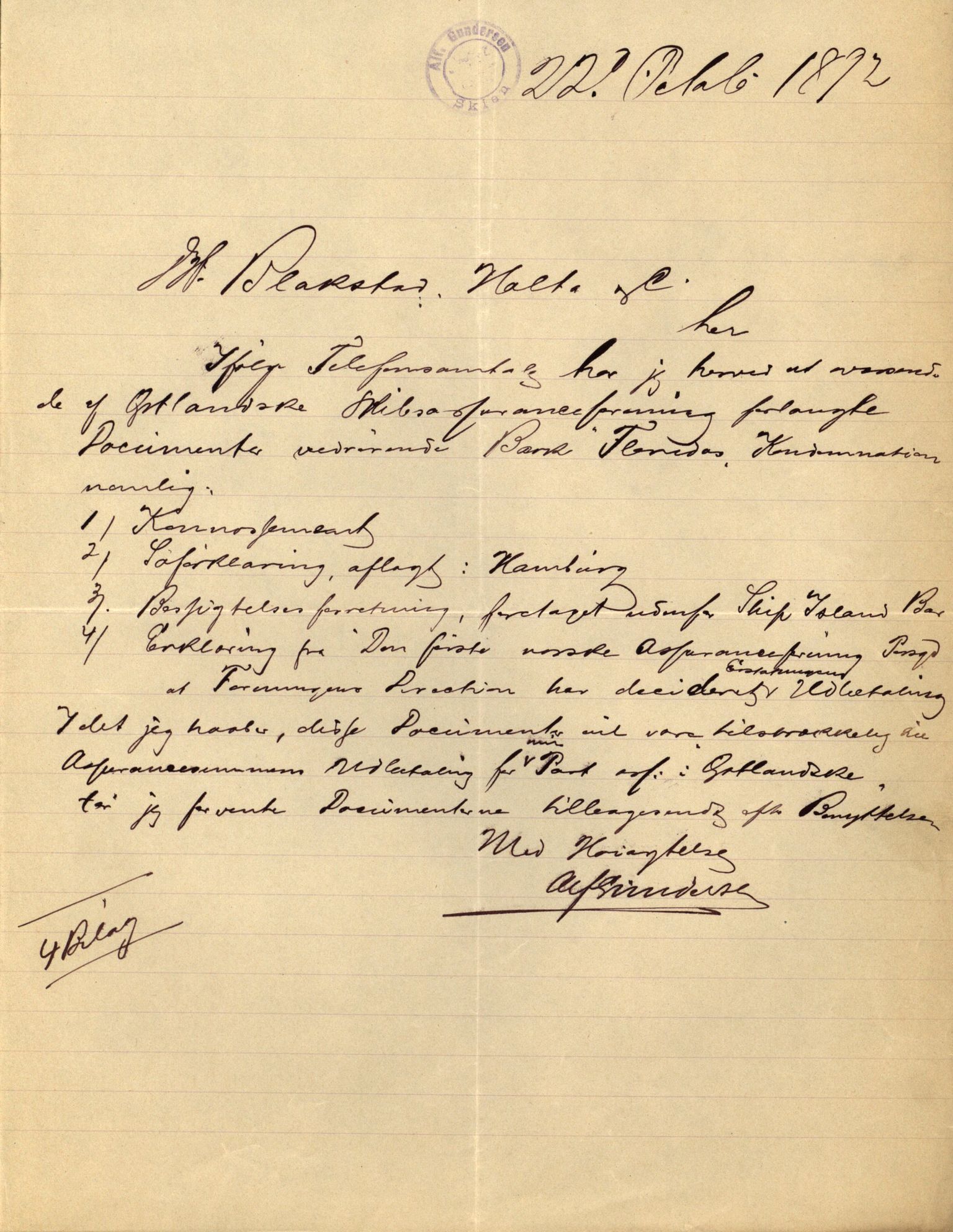 Pa 63 - Østlandske skibsassuranceforening, VEMU/A-1079/G/Ga/L0029/0007: Havaridokumenter / Diamant, Foldin, Aise, Florida, Flora, 1892, s. 123