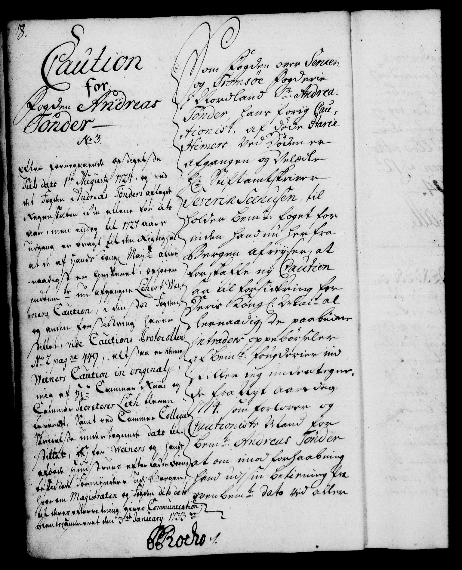 Rentekammeret, Kammerkanselliet, RA/EA-3111/G/Gh/Ghd/L0003: Kausjonsprotokoll med register (merket RK 53.41), 1732-1744, s. 8