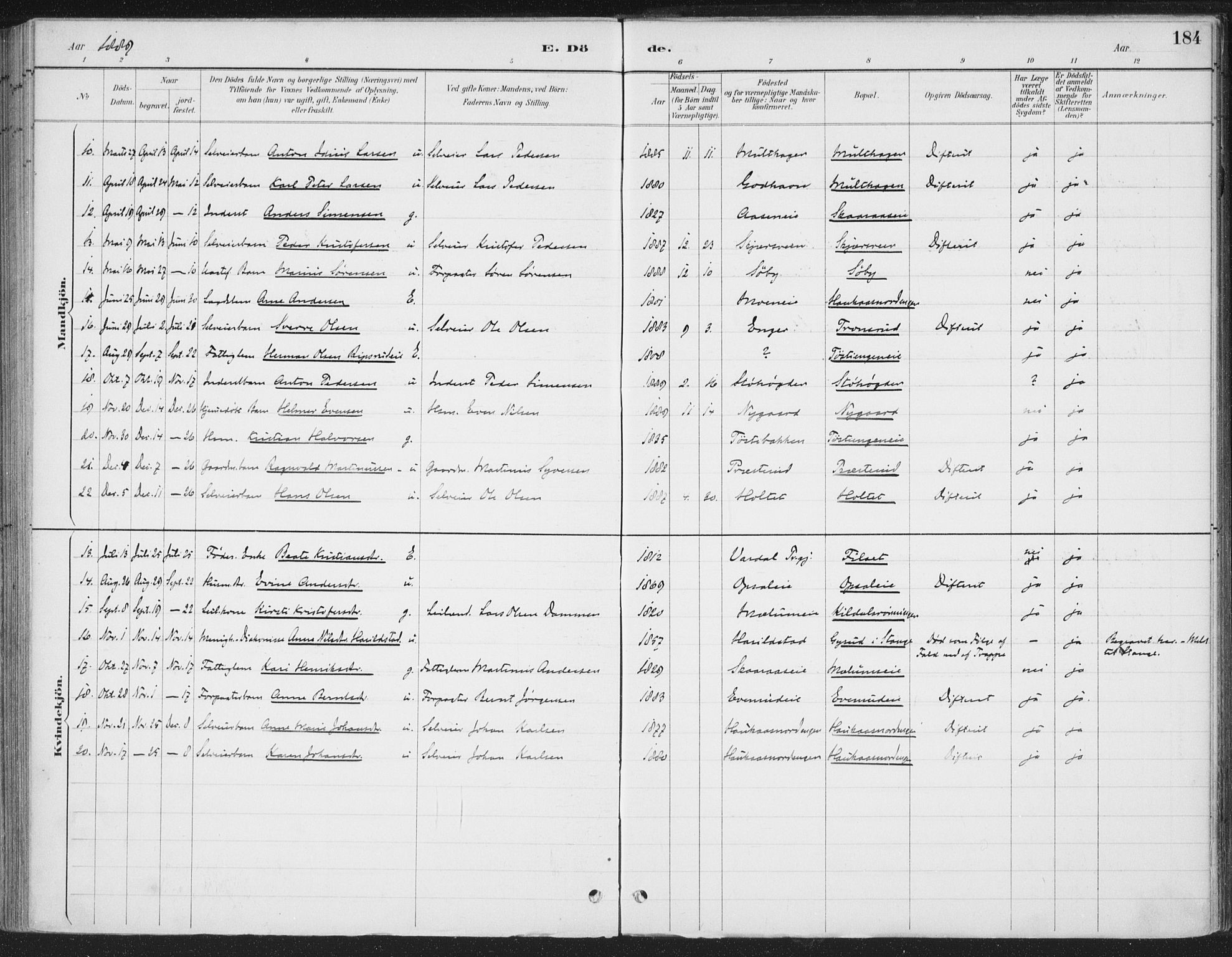 Romedal prestekontor, AV/SAH-PREST-004/K/L0008: Ministerialbok nr. 8, 1887-1905, s. 184