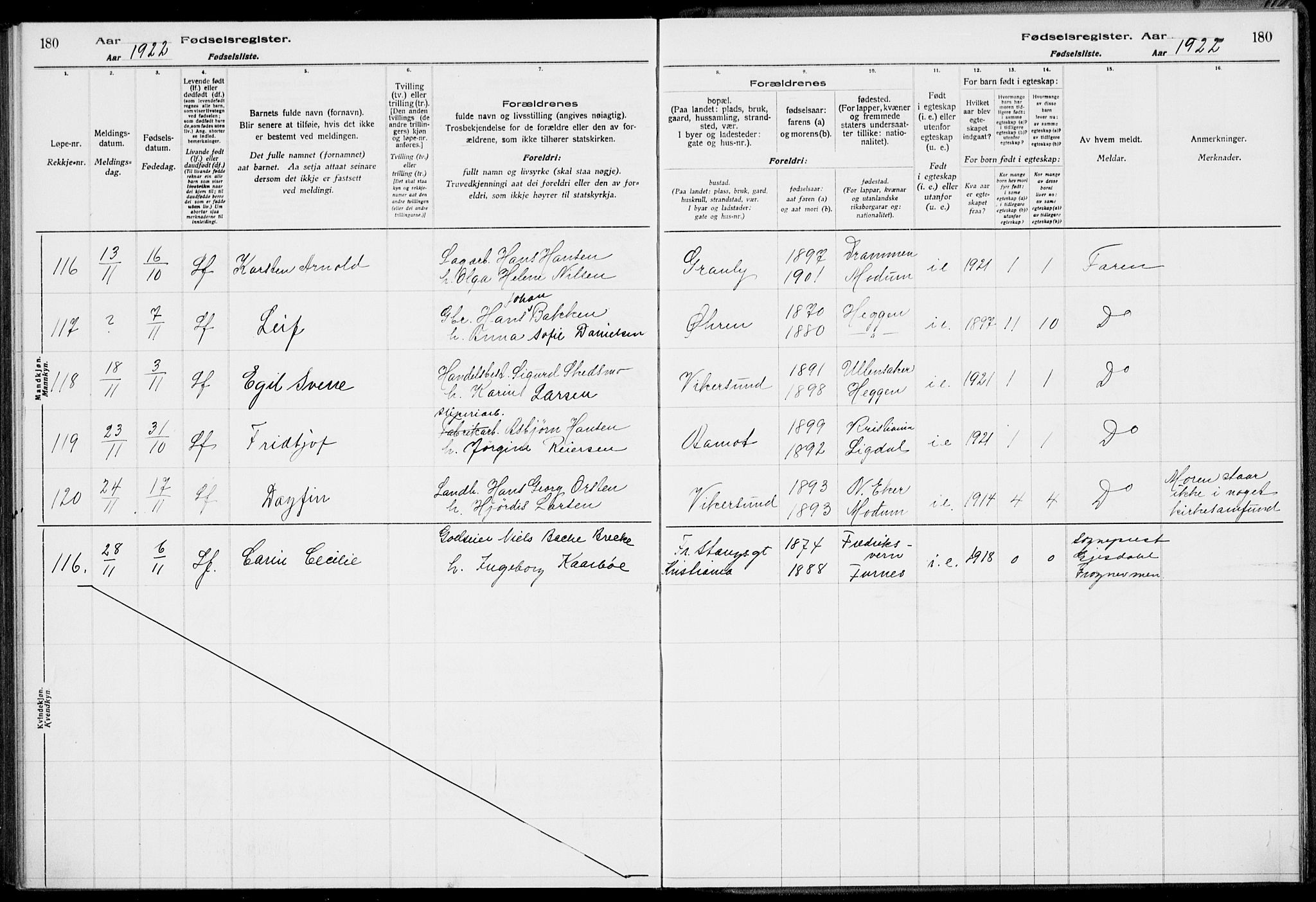 Modum kirkebøker, AV/SAKO-A-234/J/Ja/L0001: Fødselsregister nr. I 1, 1916-1923, s. 180