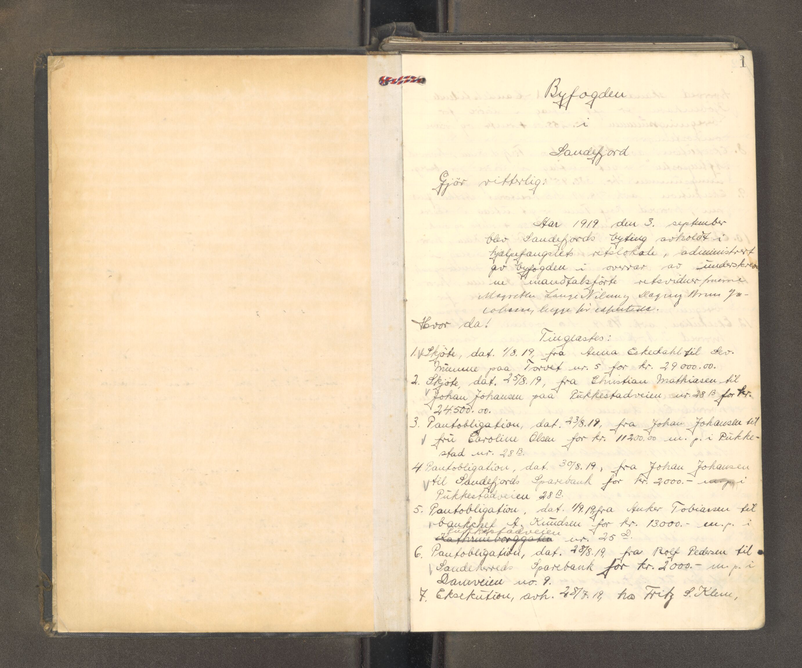 Sandefjord byfogd - 1, AV/SAKO-A-122/F/Fa/L0010: Tingbok, 1919-1921, s. 1