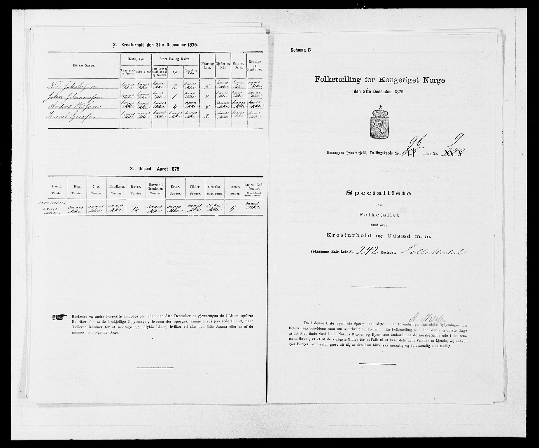 SAB, Folketelling 1875 for 1253P Hosanger prestegjeld, 1875, s. 697