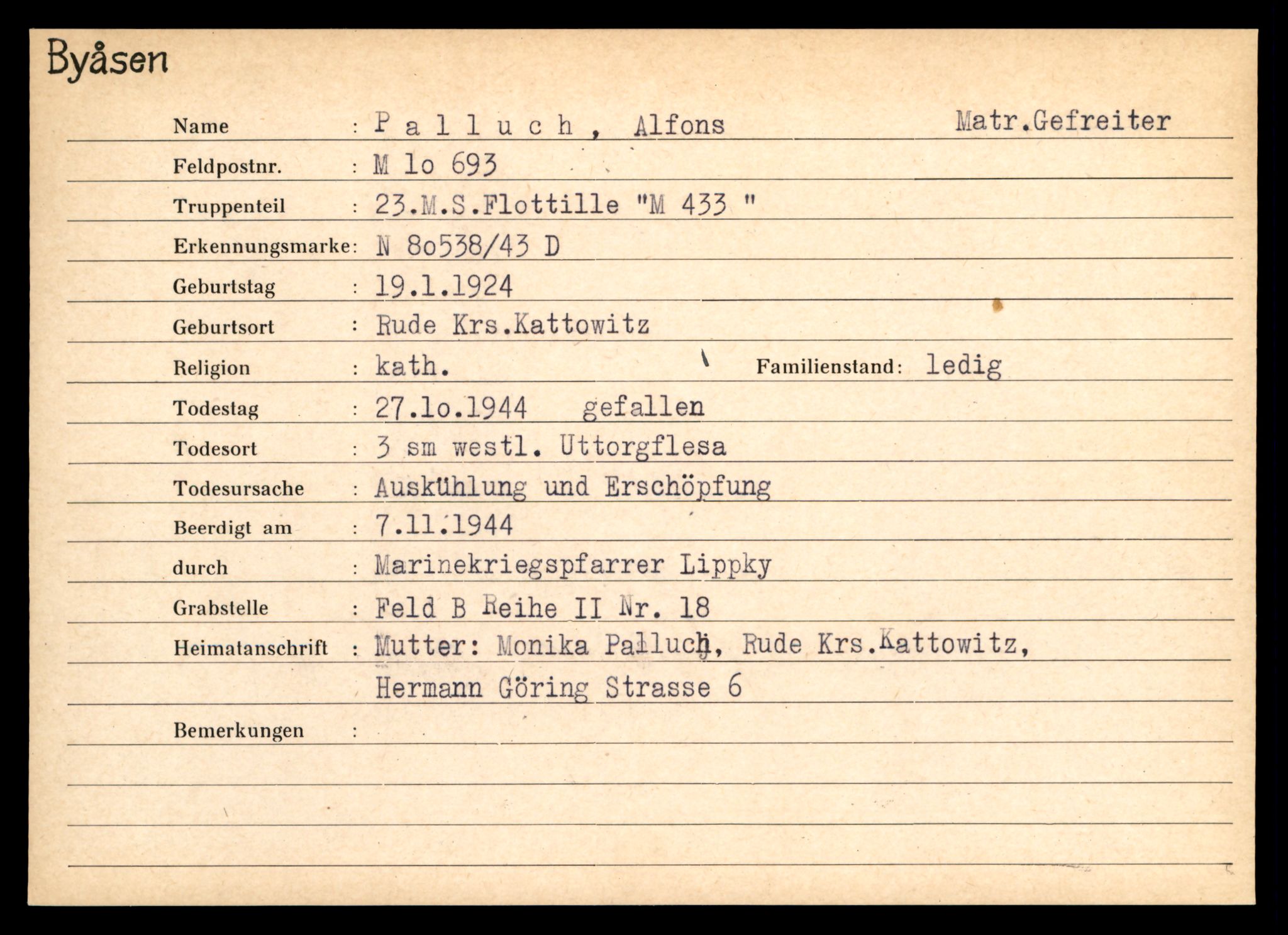 Distriktskontoret for krigsgraver, AV/SAT-A-5030/E/L0004: Kasett/kartotek over tysk Krigskirkegård på Byåsen, 1945, s. 1271