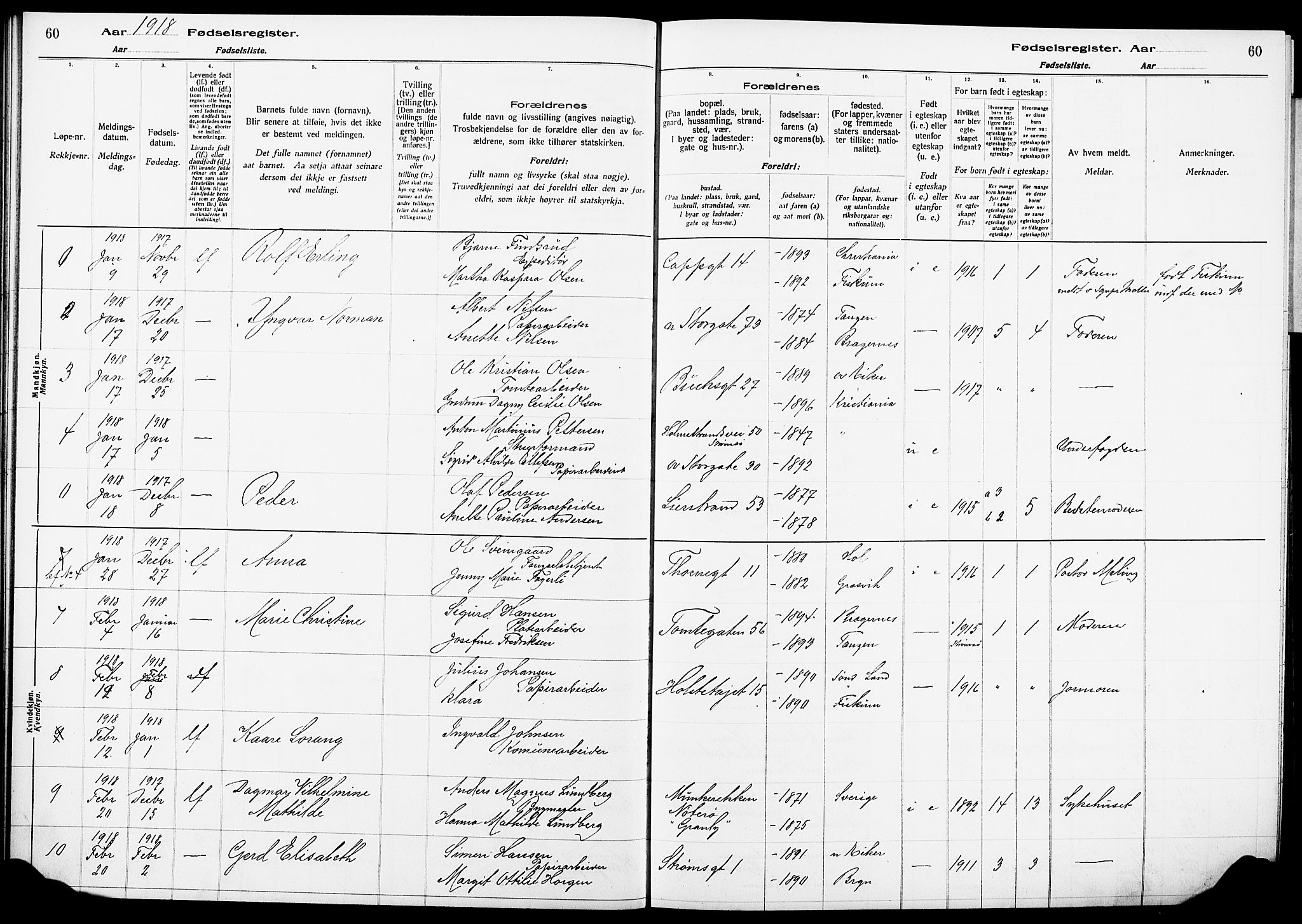 Bragernes kirkebøker, AV/SAKO-A-6/J/Ja/L0001: Fødselsregister nr. 1, 1916-1922, s. 60