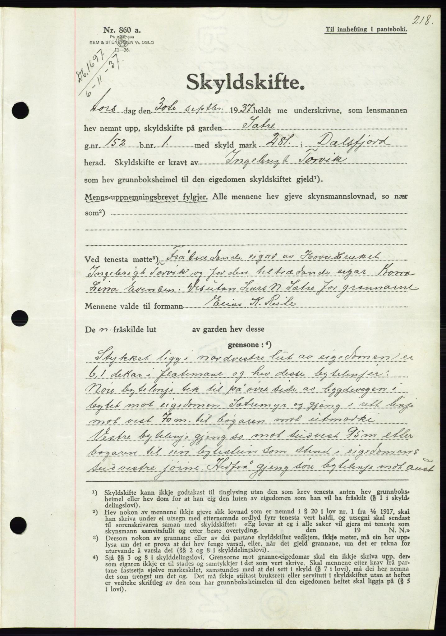 Søre Sunnmøre sorenskriveri, SAT/A-4122/1/2/2C/L0064: Pantebok nr. 58, 1937-1938, Dagboknr: 1697/1937