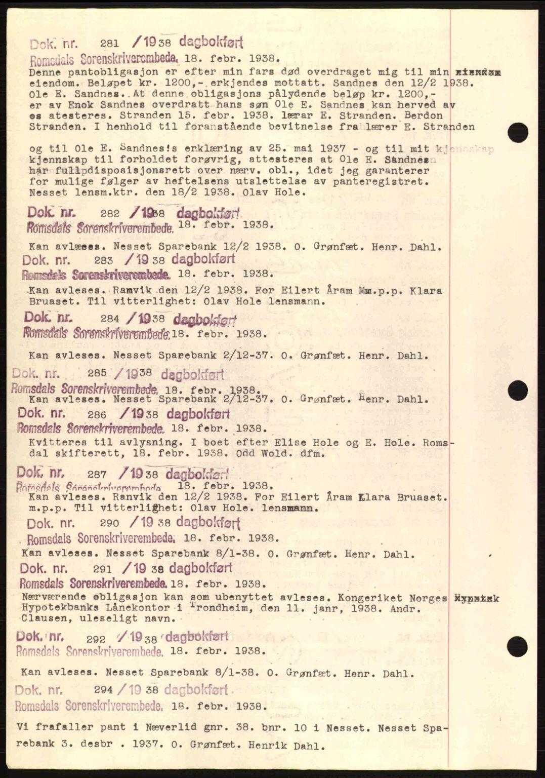 Romsdal sorenskriveri, AV/SAT-A-4149/1/2/2C: Pantebok nr. C1a, 1936-1945, Dagboknr: 281/1938