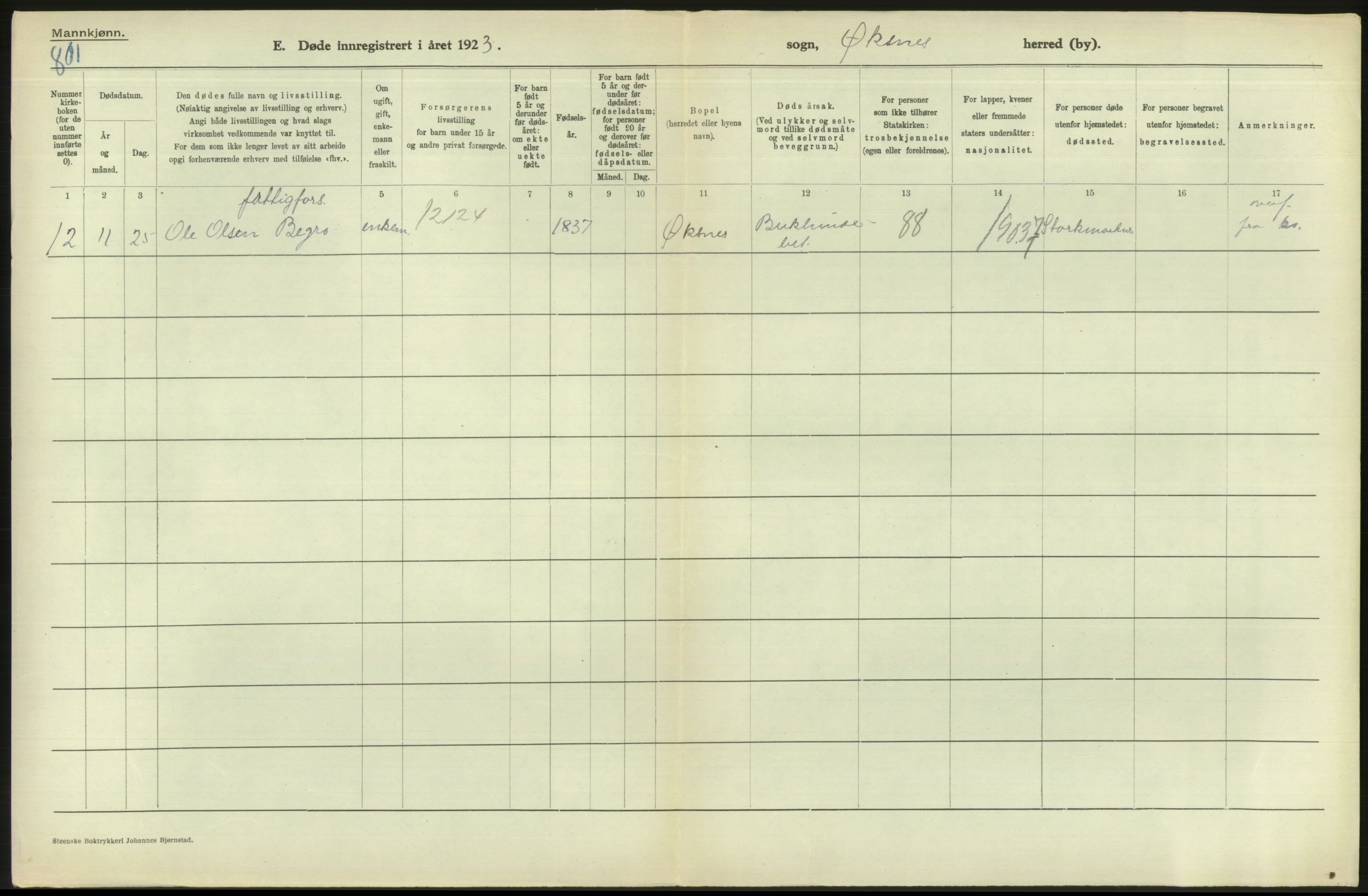 Statistisk sentralbyrå, Sosiodemografiske emner, Befolkning, AV/RA-S-2228/D/Df/Dfc/Dfcc/L0043: Nordland fylke: Døde. Bygder og byer., 1923, s. 470