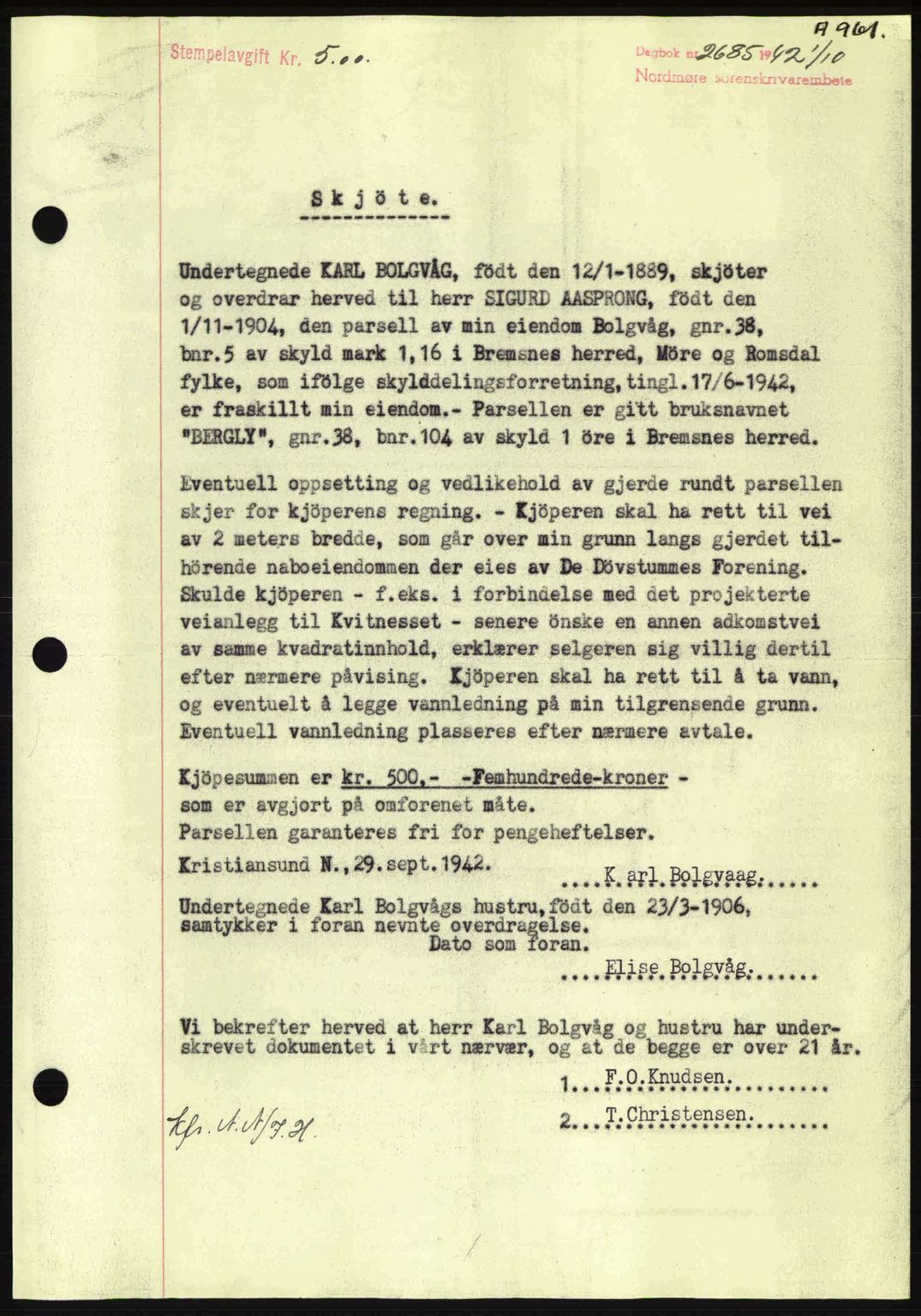 Nordmøre sorenskriveri, SAT/A-4132/1/2/2Ca: Pantebok nr. A93, 1942-1942, Dagboknr: 2685/1942