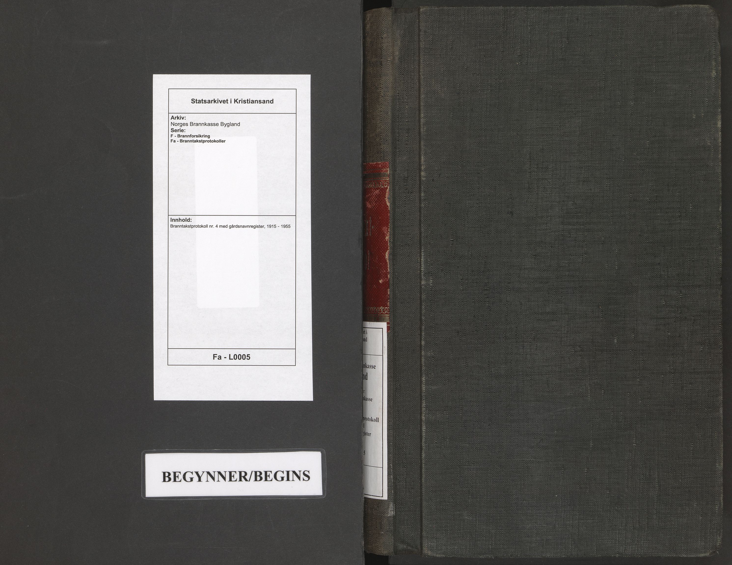 Norges Brannkasse Bygland, SAK/2241-0007/F/Fa/L0005: Branntakstprotokoll nr. 4 med gårdsnavnregister, 1915-1955