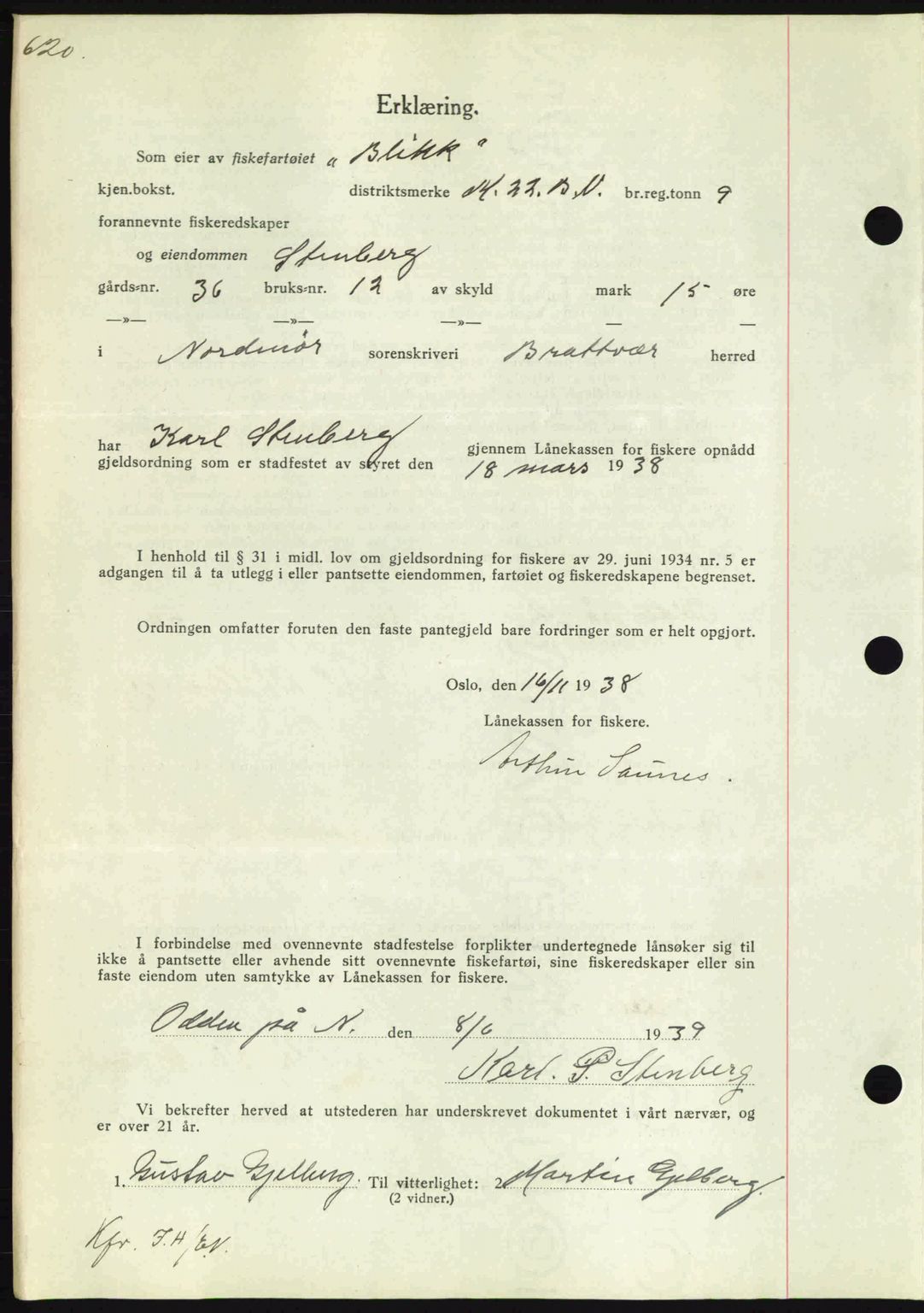 Nordmøre sorenskriveri, AV/SAT-A-4132/1/2/2Ca: Pantebok nr. B85, 1939-1939, Dagboknr: 1823/1939