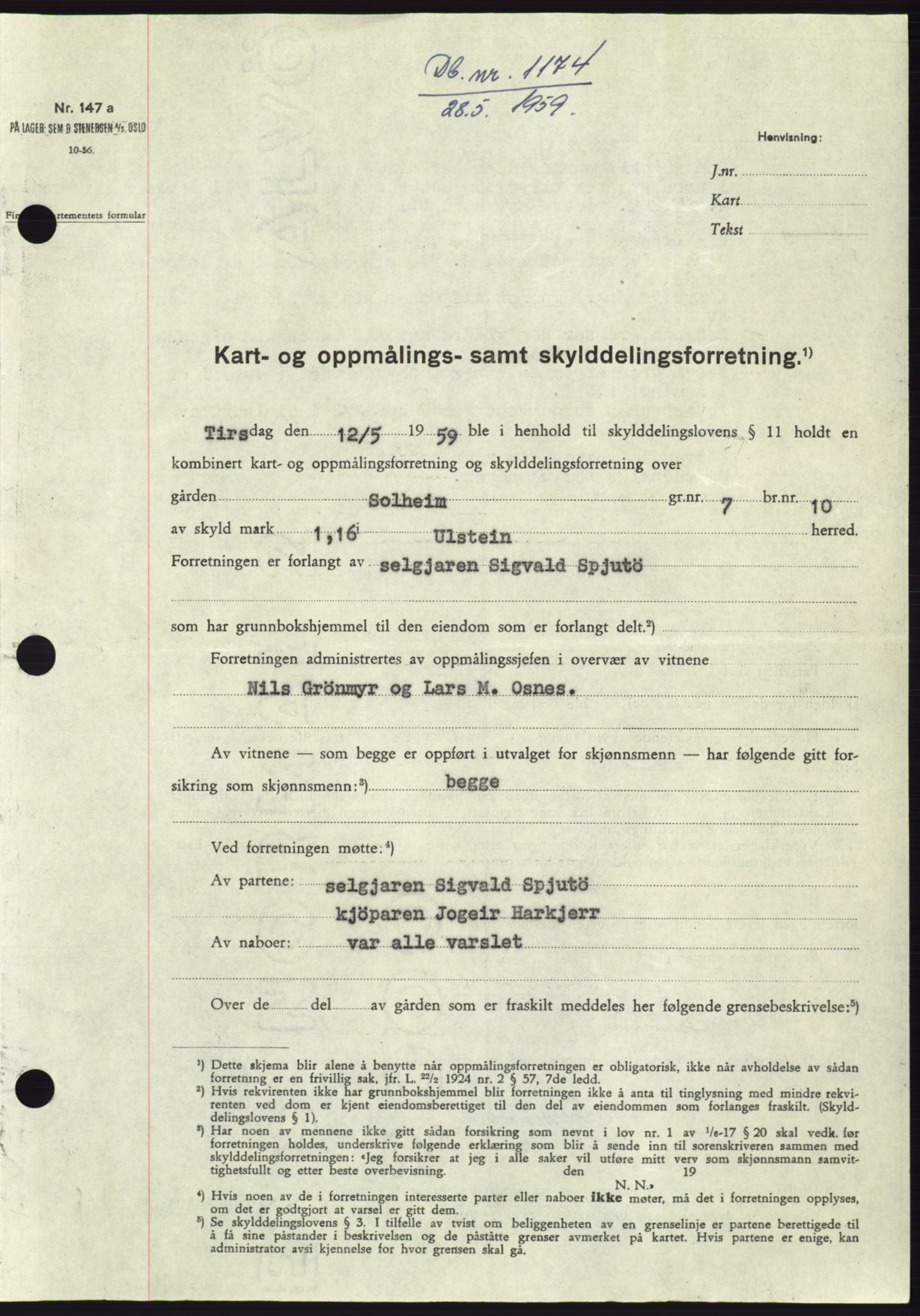 Søre Sunnmøre sorenskriveri, SAT/A-4122/1/2/2C/L0112: Pantebok nr. 38A, 1959-1959, Dagboknr: 1174/1959
