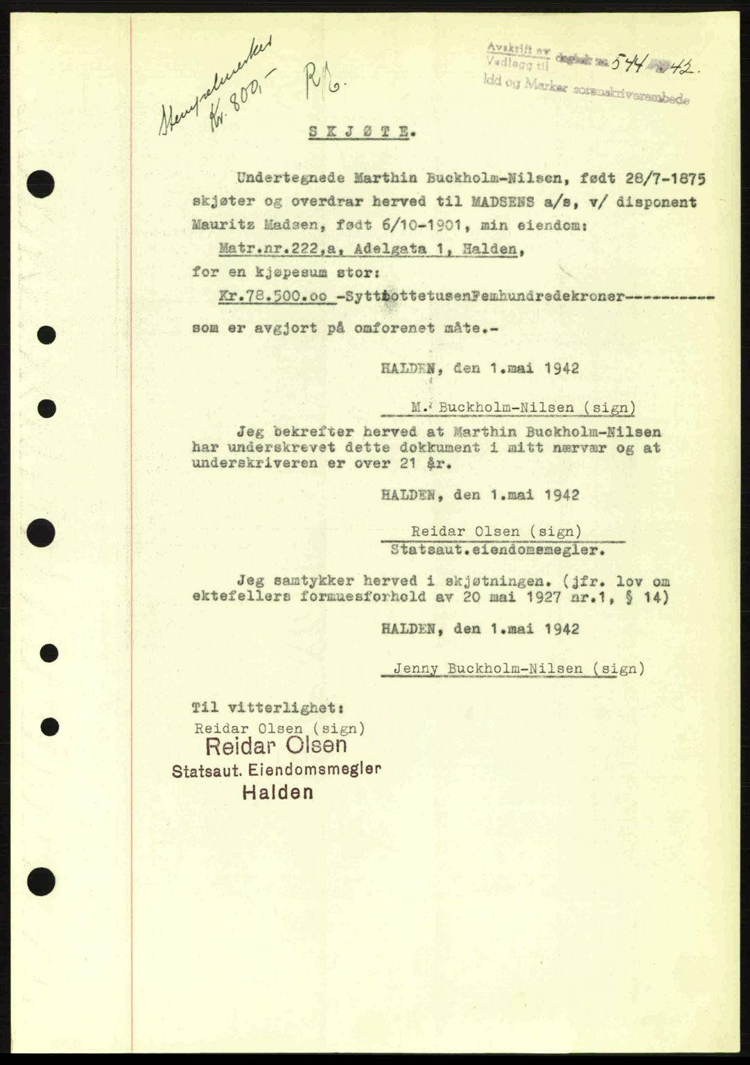 Idd og Marker sorenskriveri, AV/SAO-A-10283/G/Gb/Gbb/L0005: Pantebok nr. A5, 1941-1943, Dagboknr: 544/1942
