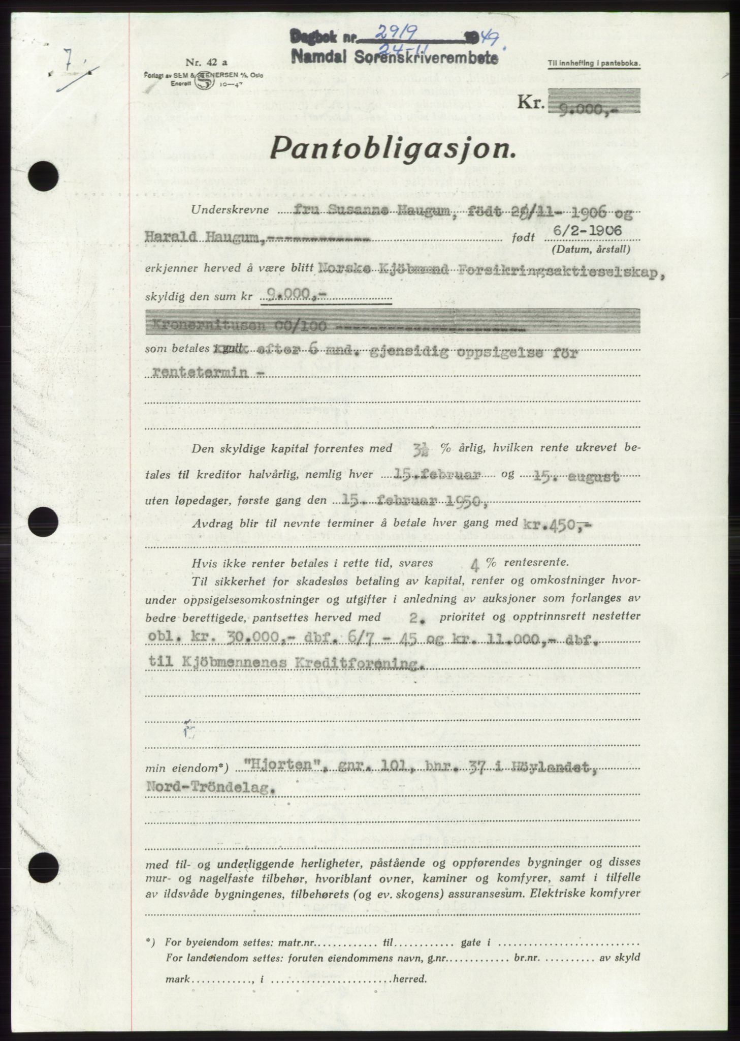 Namdal sorenskriveri, SAT/A-4133/1/2/2C: Pantebok nr. -, 1949-1949, Dagboknr: 2919/1949