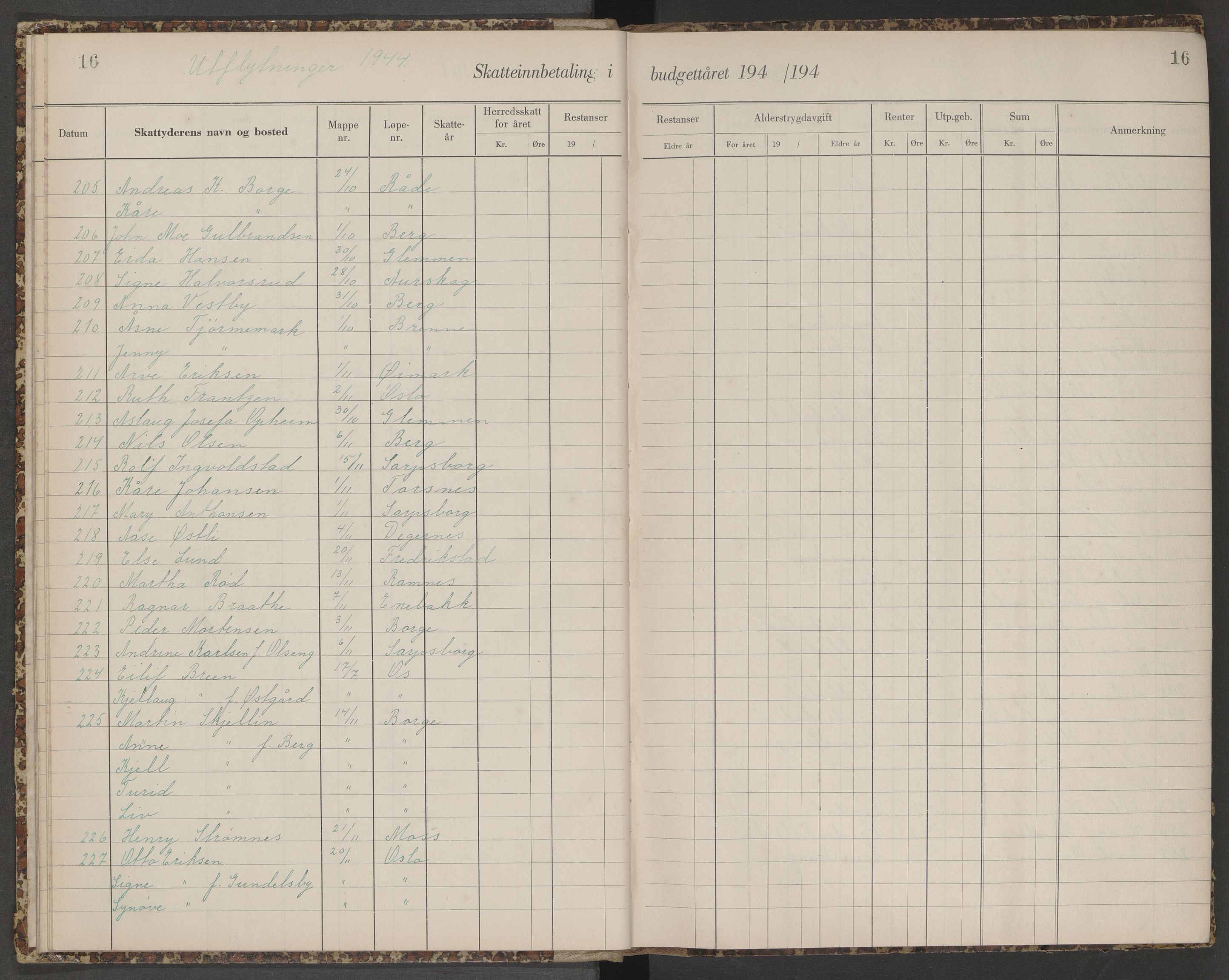 Skjeberg folkeregister, SAO/A-10495/K/Ka/L0003: Fortegnelse over inn- og utflyttede, 1943-1947, s. 16