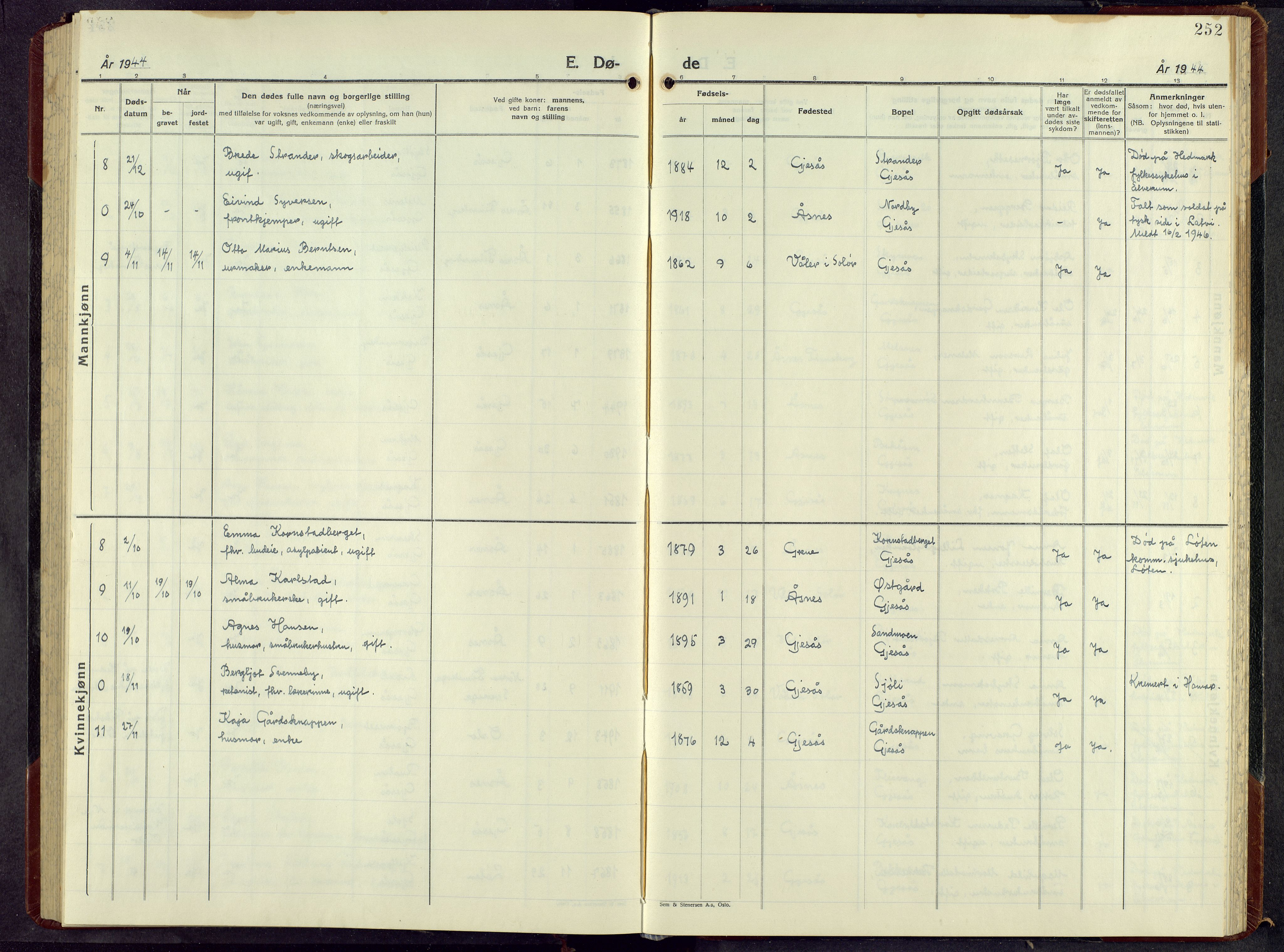 Åsnes prestekontor, AV/SAH-PREST-042/H/Ha/Hab/L0013: Klokkerbok nr. 13, 1943-1966, s. 252