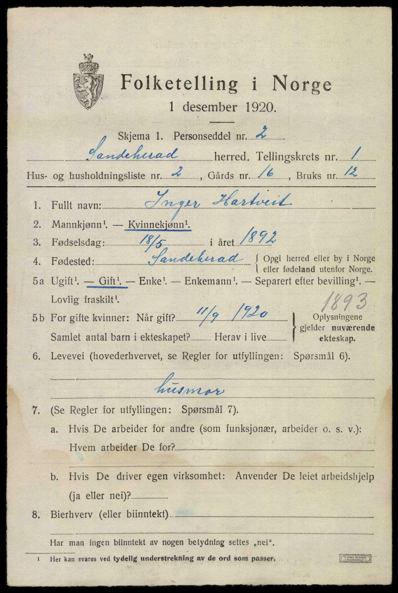 SAKO, Folketelling 1920 for 0724 Sandeherred herred, 1920, s. 3768