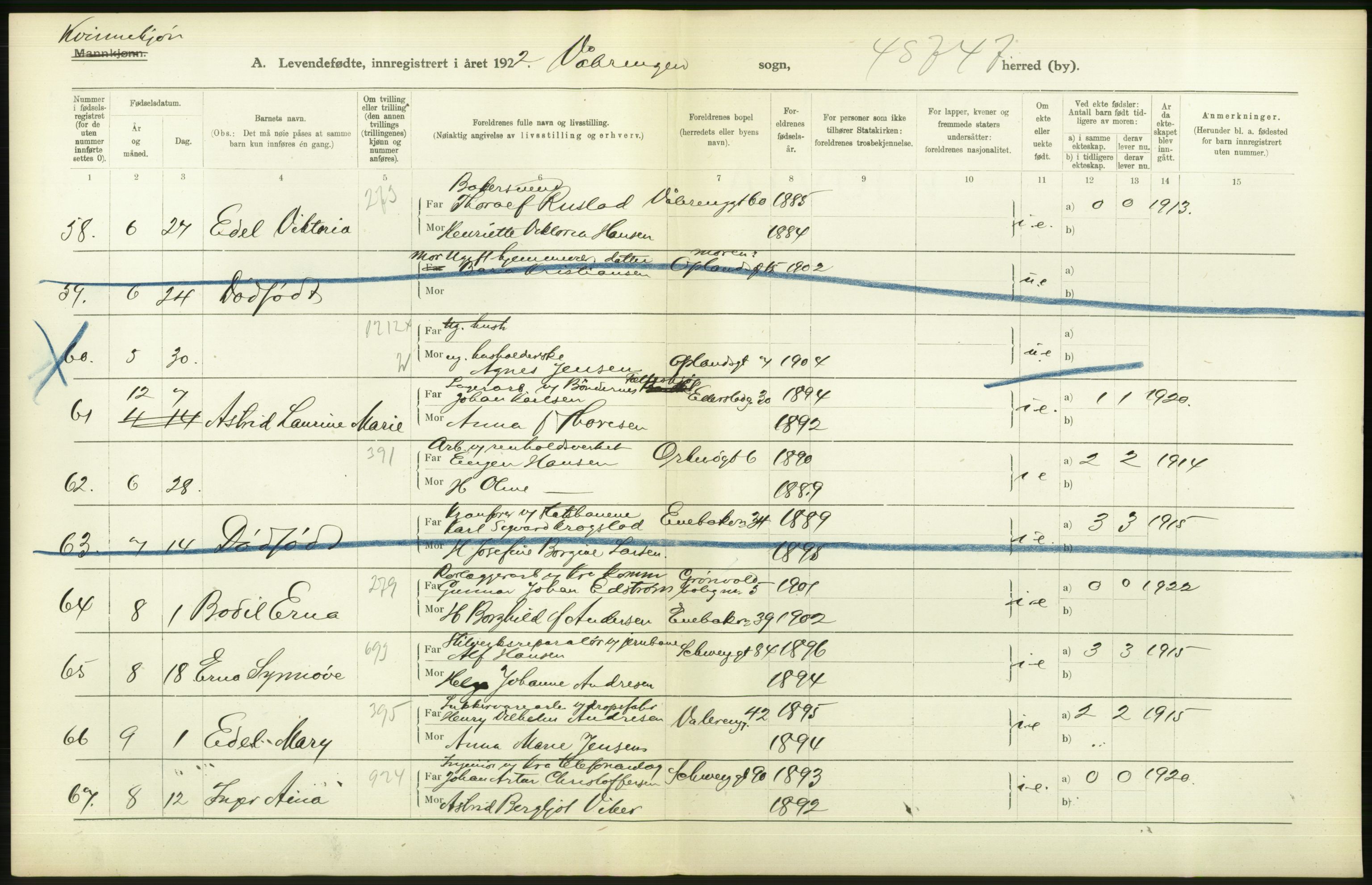 Statistisk sentralbyrå, Sosiodemografiske emner, Befolkning, AV/RA-S-2228/D/Df/Dfc/Dfcb/L0007: Kristiania: Levendefødte menn og kvinner., 1922, s. 554