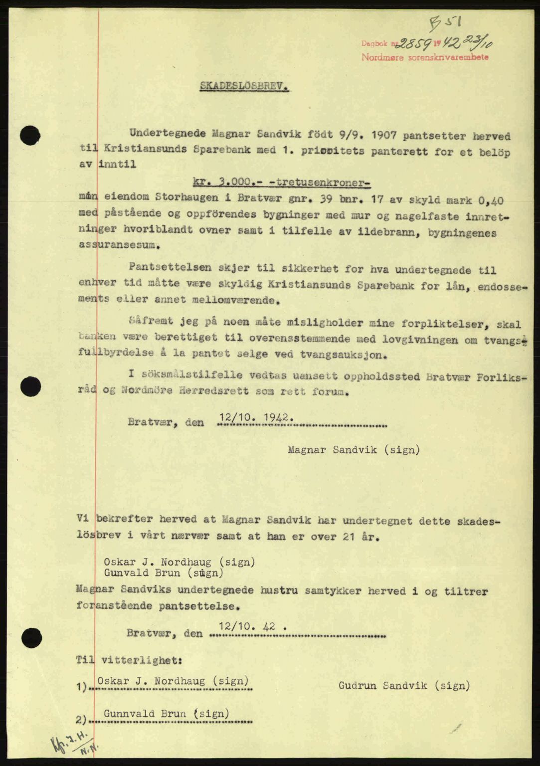 Nordmøre sorenskriveri, SAT/A-4132/1/2/2Ca: Pantebok nr. B90, 1942-1943, Dagboknr: 2859/1942