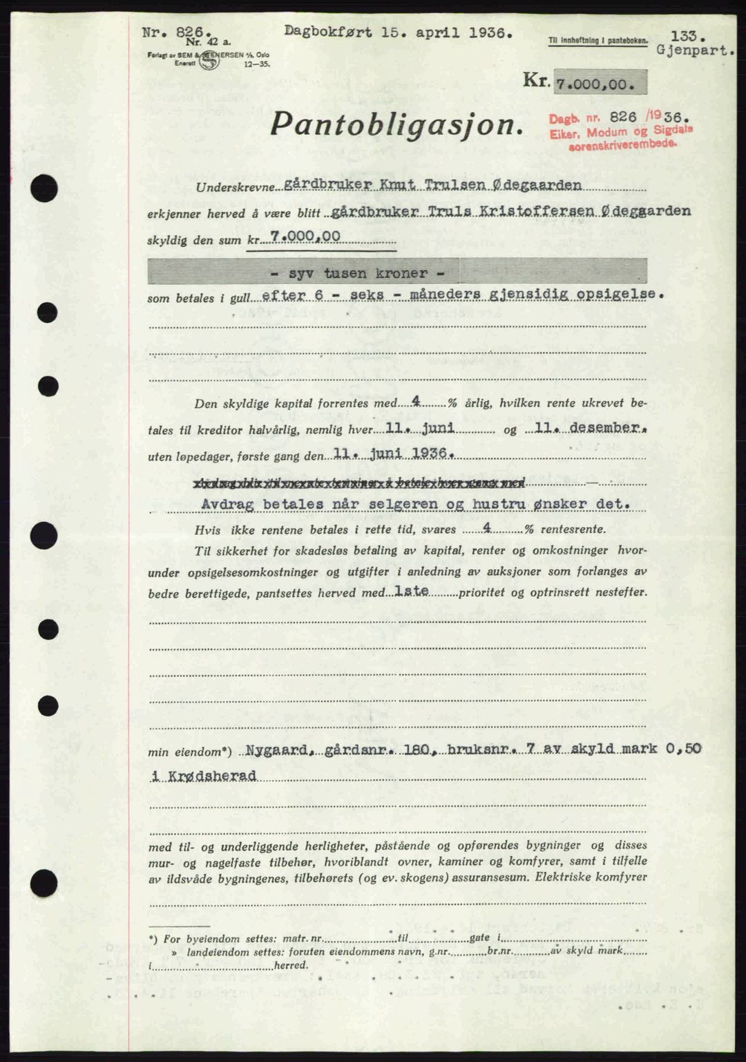 Eiker, Modum og Sigdal sorenskriveri, SAKO/A-123/G/Ga/Gab/L0032: Pantebok nr. A2, 1936-1936, Dagboknr: 826/1936