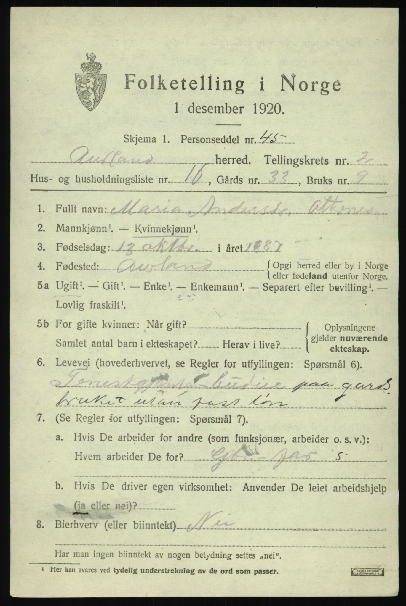 SAB, Folketelling 1920 for 1421 Aurland herred, 1920, s. 1918