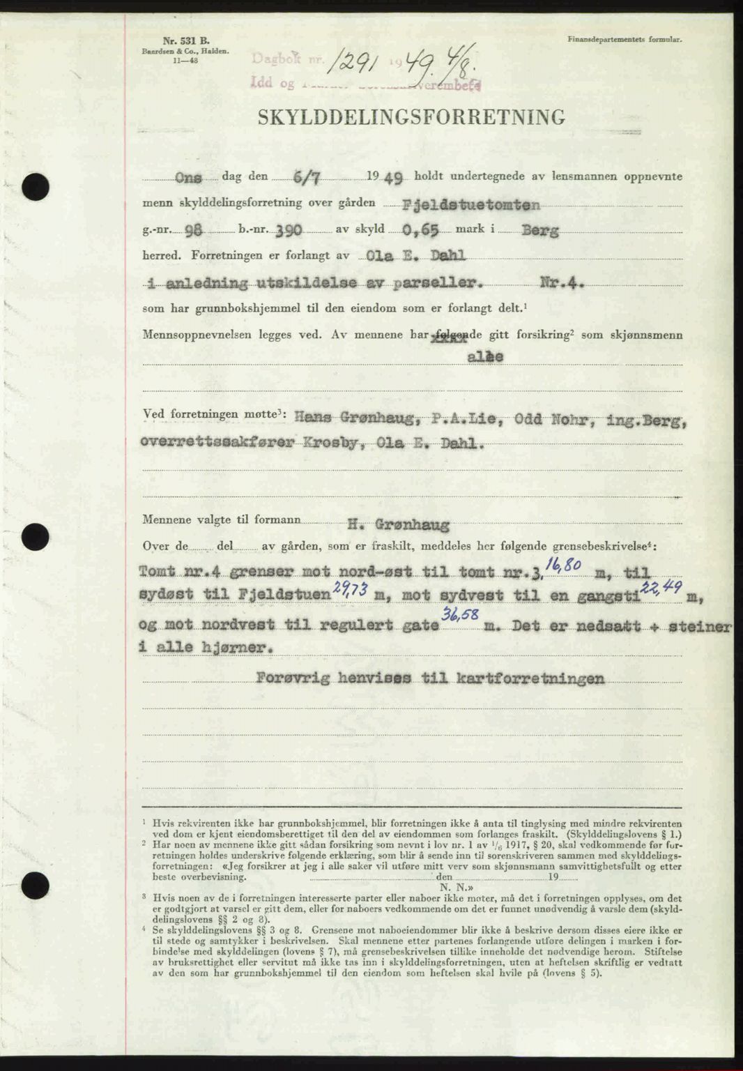 Idd og Marker sorenskriveri, SAO/A-10283/G/Gb/Gbb/L0012: Pantebok nr. A12, 1949-1949, Dagboknr: 1291/1949