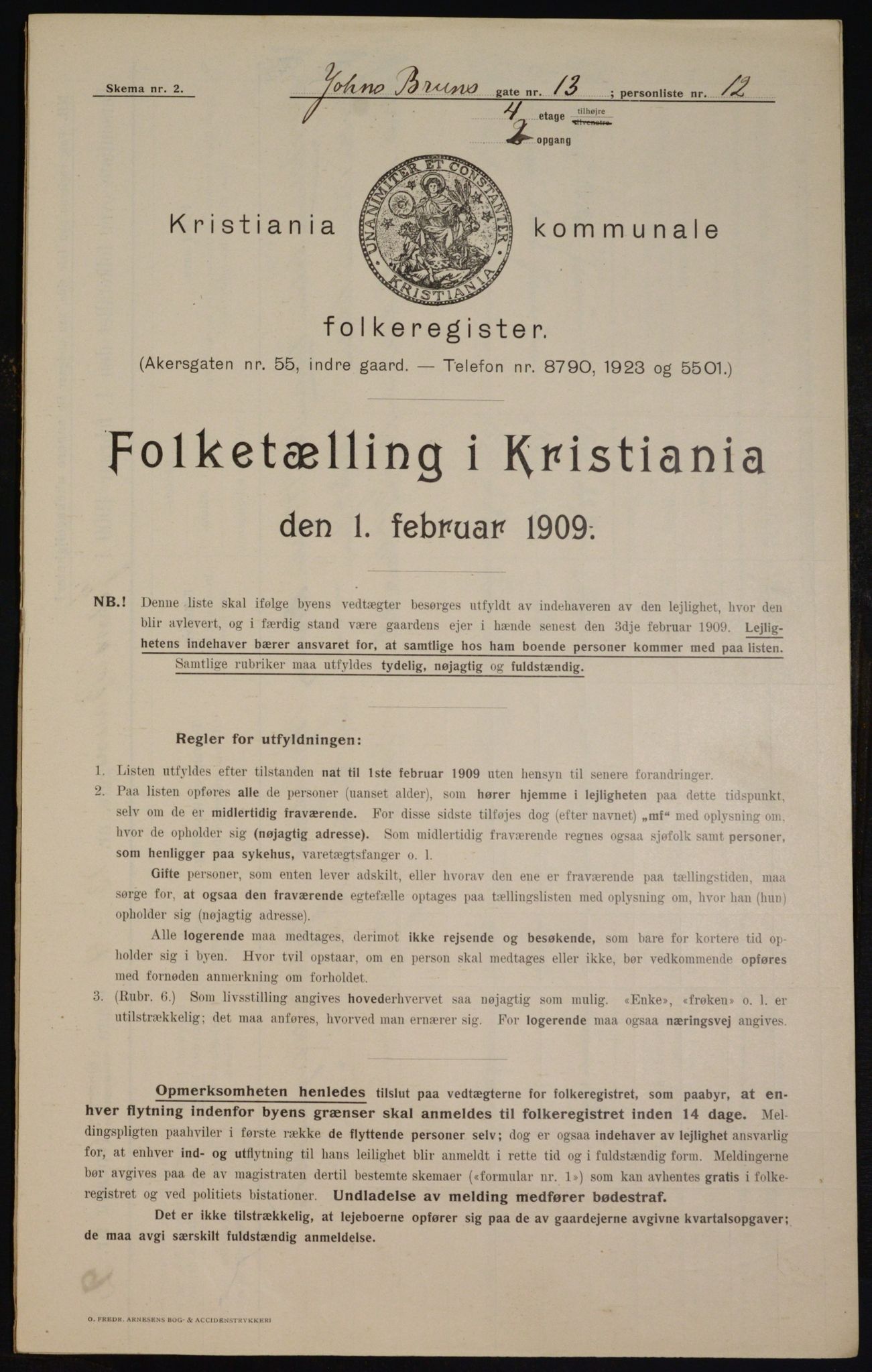 OBA, Kommunal folketelling 1.2.1909 for Kristiania kjøpstad, 1909, s. 43046