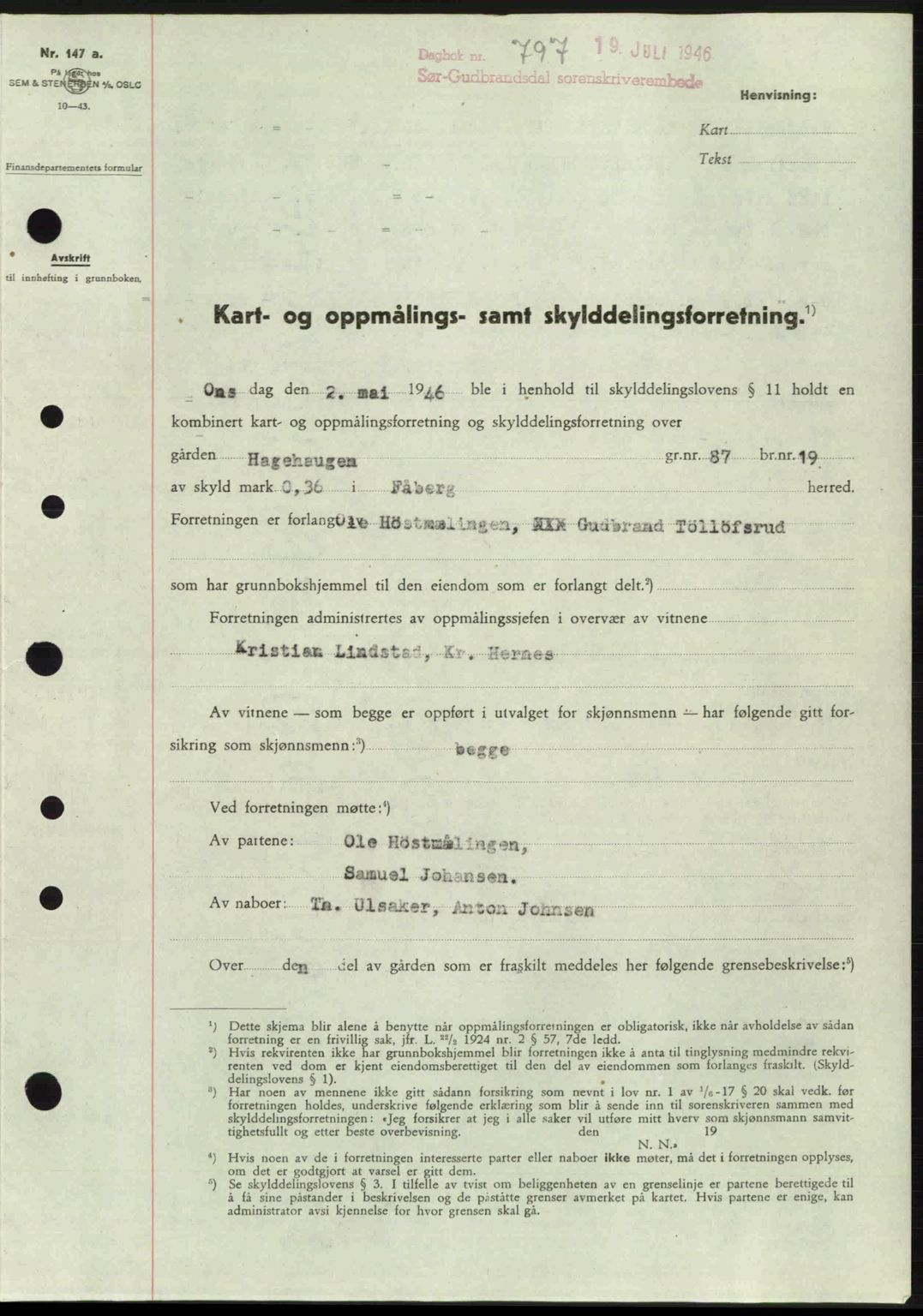 Sør-Gudbrandsdal tingrett, SAH/TING-004/H/Hb/Hbd/L0015: Pantebok nr. A15, 1945-1946, Dagboknr: 797/1946