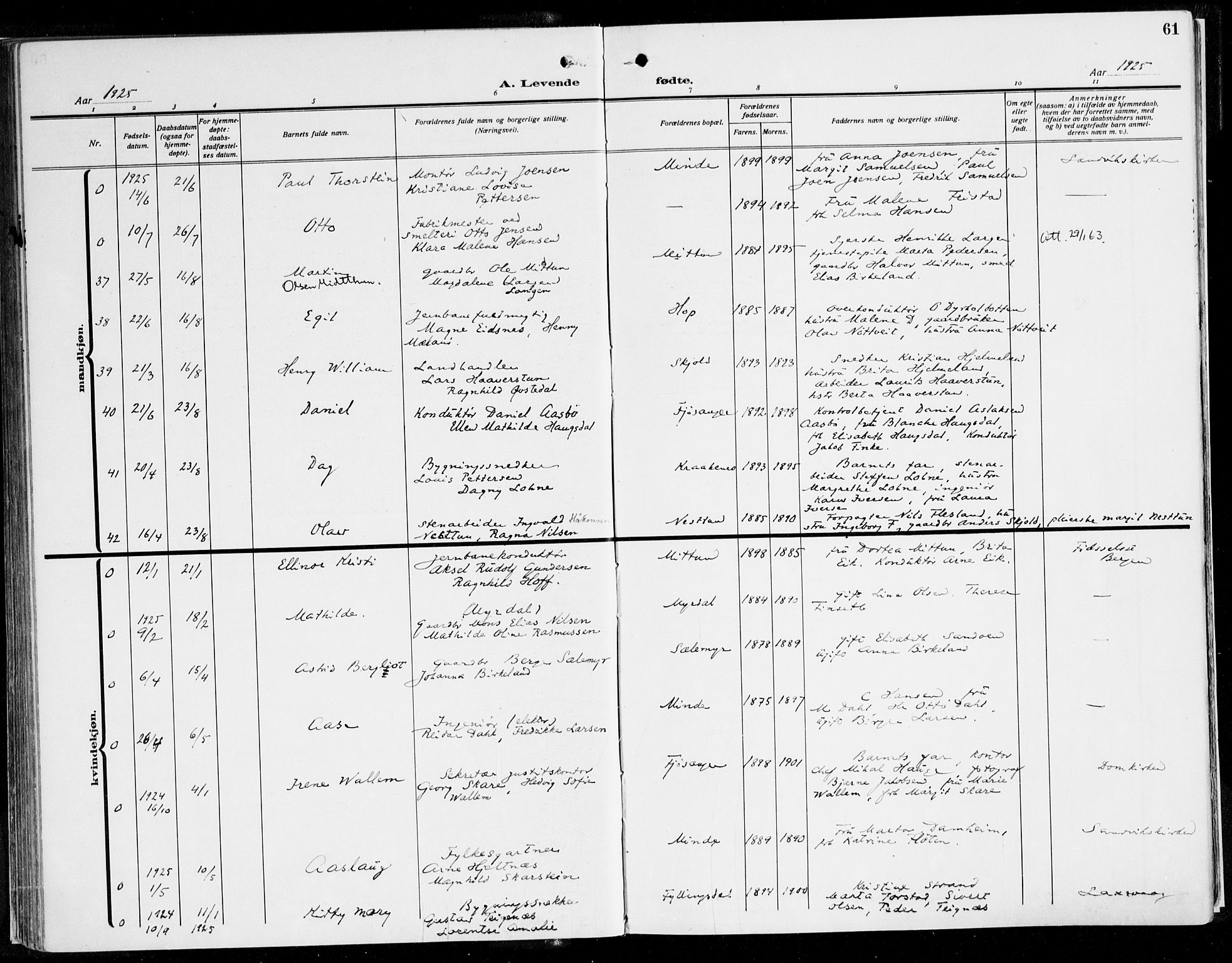 Fana Sokneprestembete, AV/SAB-A-75101/H/Haa/Haaj/L0001: Ministerialbok nr. J 1, 1921-1935, s. 61