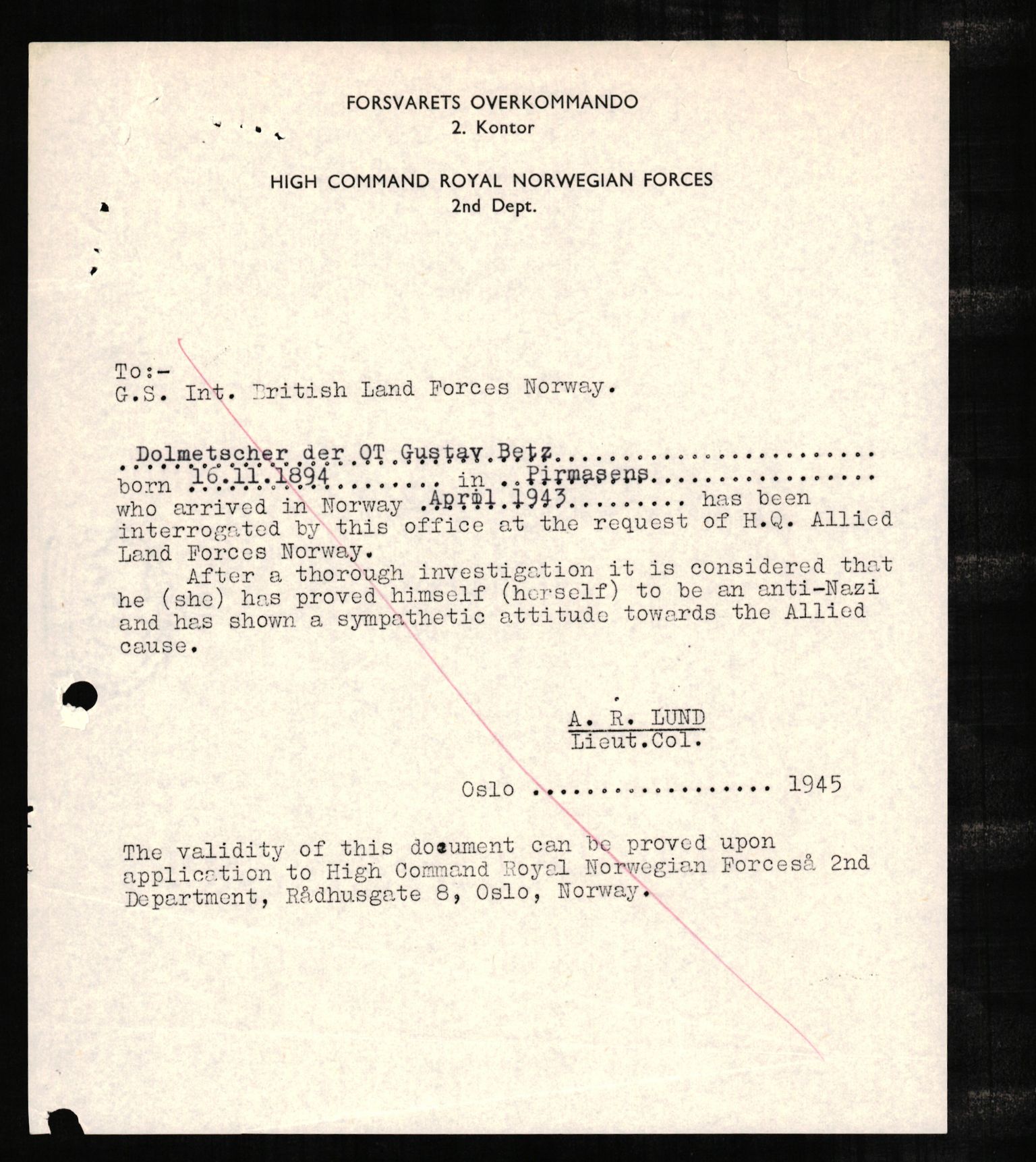 Forsvaret, Forsvarets overkommando II, RA/RAFA-3915/D/Db/L0003: CI Questionaires. Tyske okkupasjonsstyrker i Norge. Tyskere., 1945-1946, s. 73
