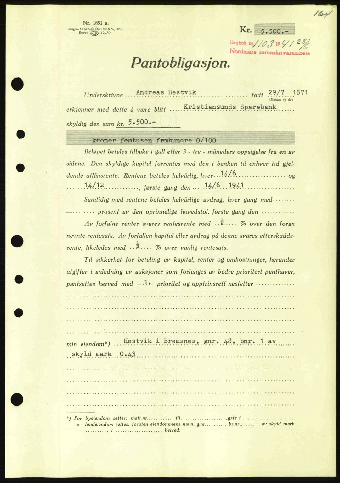 Nordmøre sorenskriveri, SAT/A-4132/1/2/2Ca: Pantebok nr. B88, 1941-1942, Dagboknr: 1103/1941