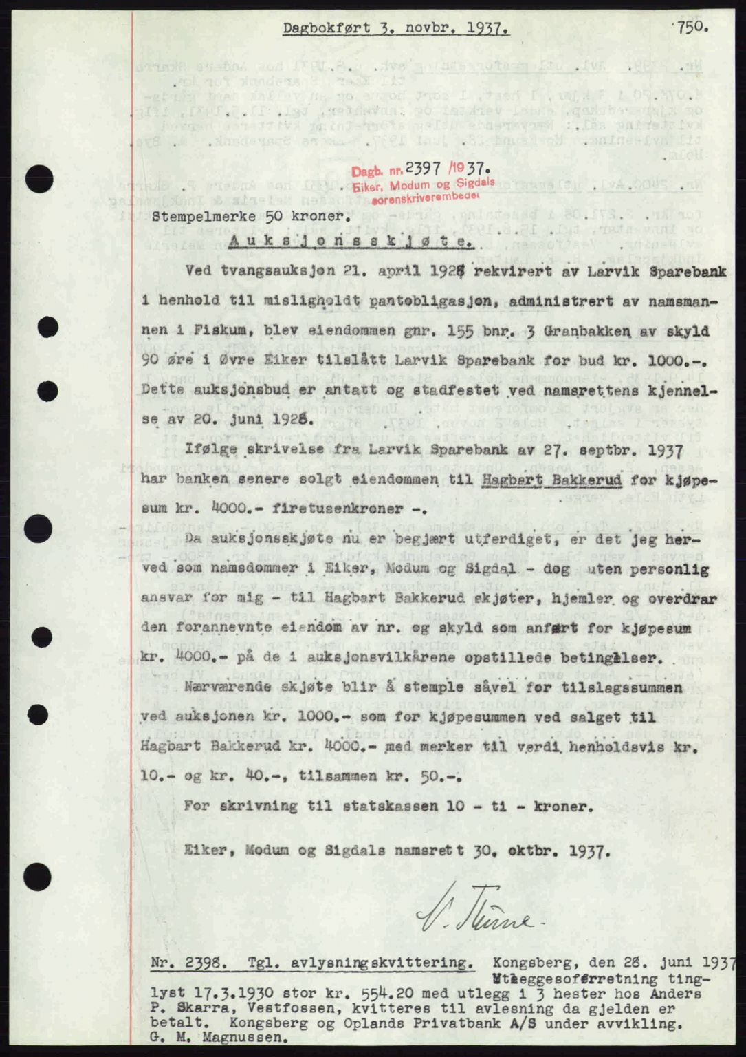 Eiker, Modum og Sigdal sorenskriveri, SAKO/A-123/G/Ga/Gab/L0036: Pantebok nr. A6, 1937-1937, Dagboknr: 2397/1937