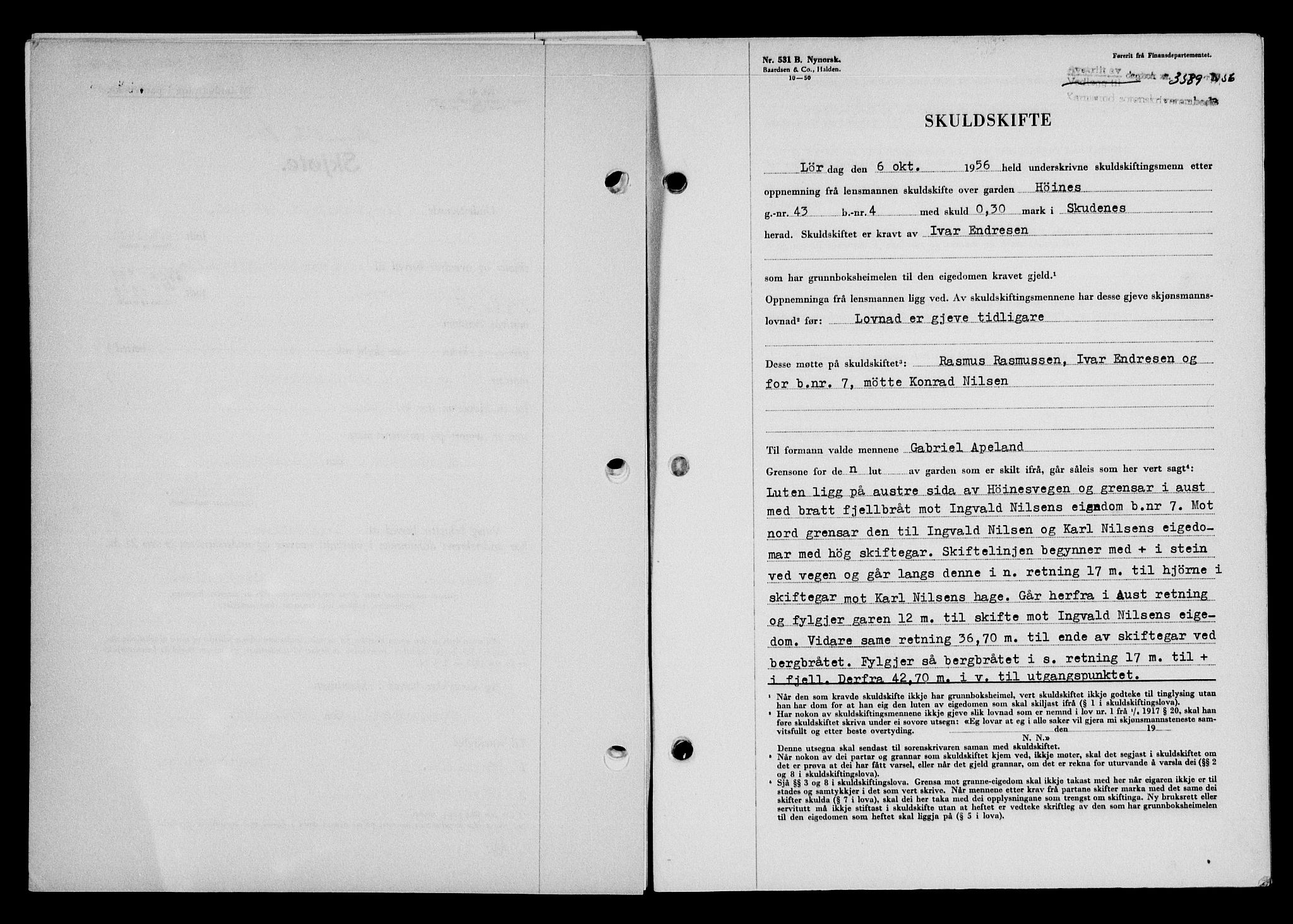 Karmsund sorenskriveri, SAST/A-100311/01/II/IIB/L0122: Pantebok nr. 102A, 1956-1956, Dagboknr: 3589/1956