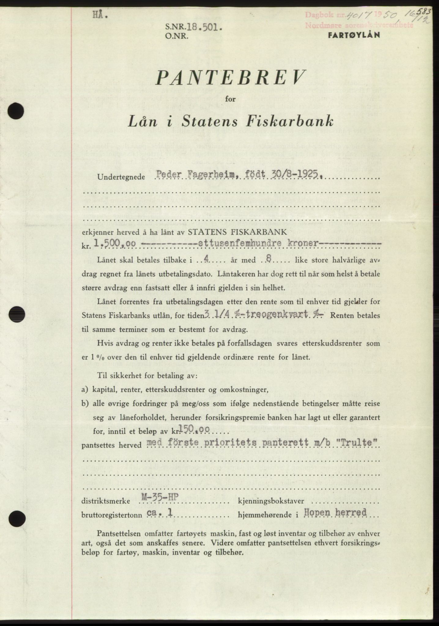 Nordmøre sorenskriveri, SAT/A-4132/1/2/2Ca: Pantebok nr. B106, 1950-1950, Dagboknr: 4017/1950